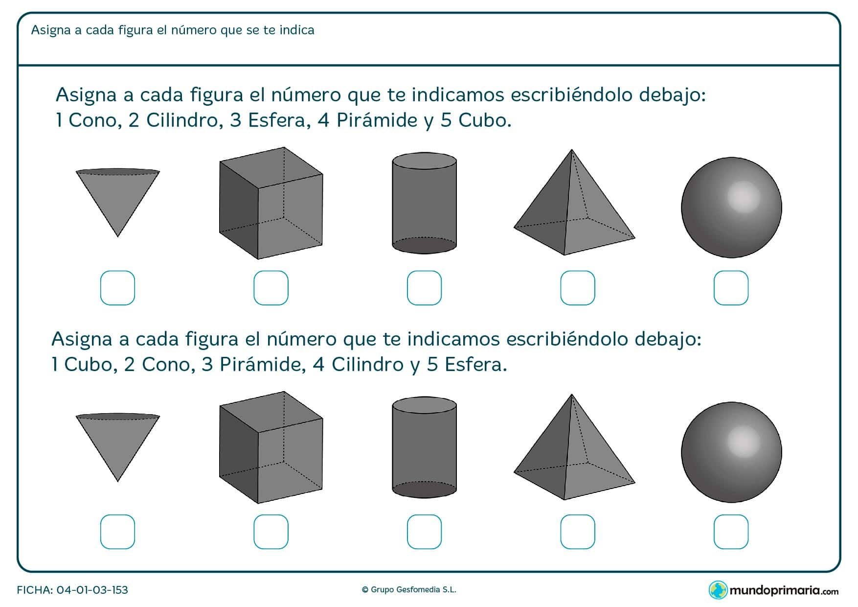 Ficha de cilindros y otros cuerpos en los que deberás asignarle el número correspondiente según su nombre.