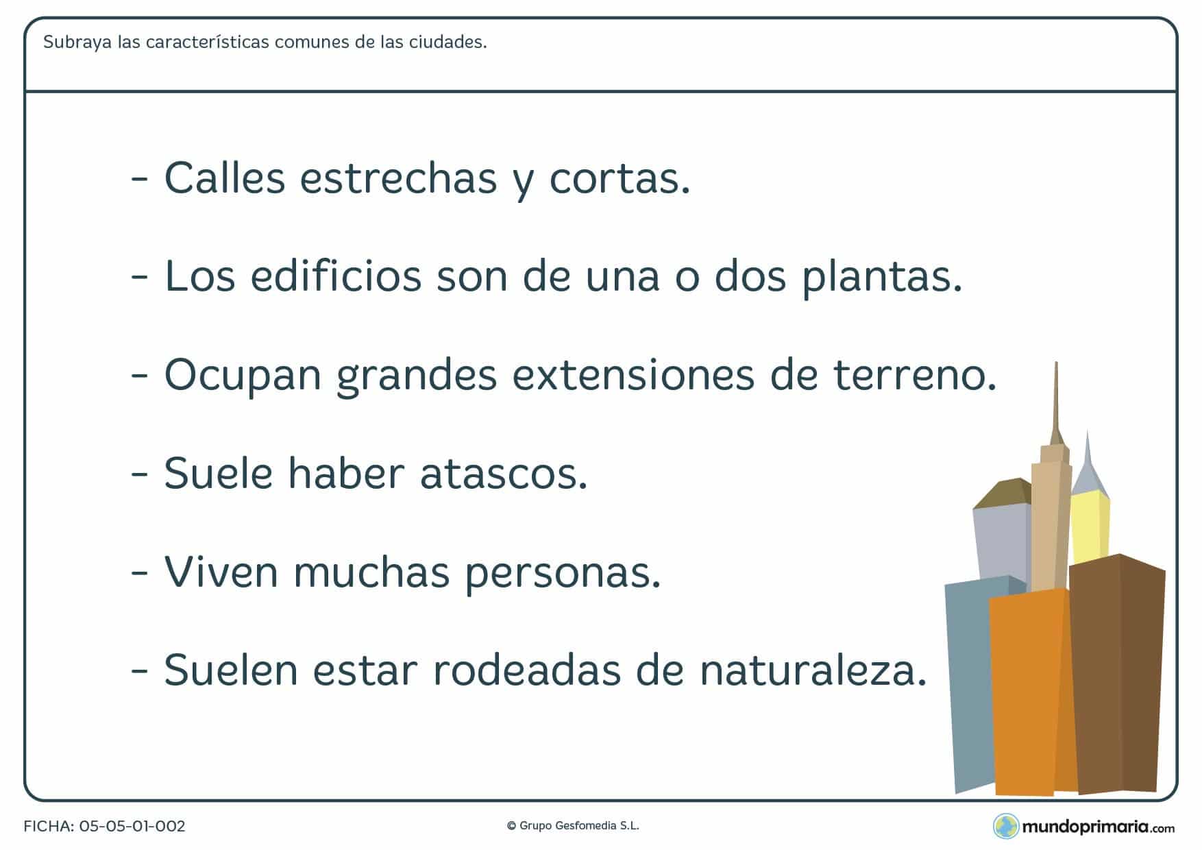 Ficha de ciudades para sudrayar las definiciones más comunes relativas a ciudades.