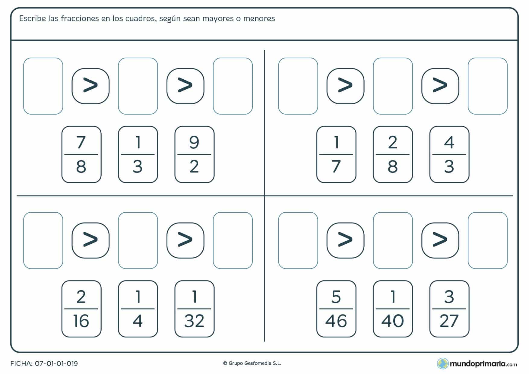 Ficha de clasifica fracciones de mayor a menor escribiéndolas en los huecos vacíos.