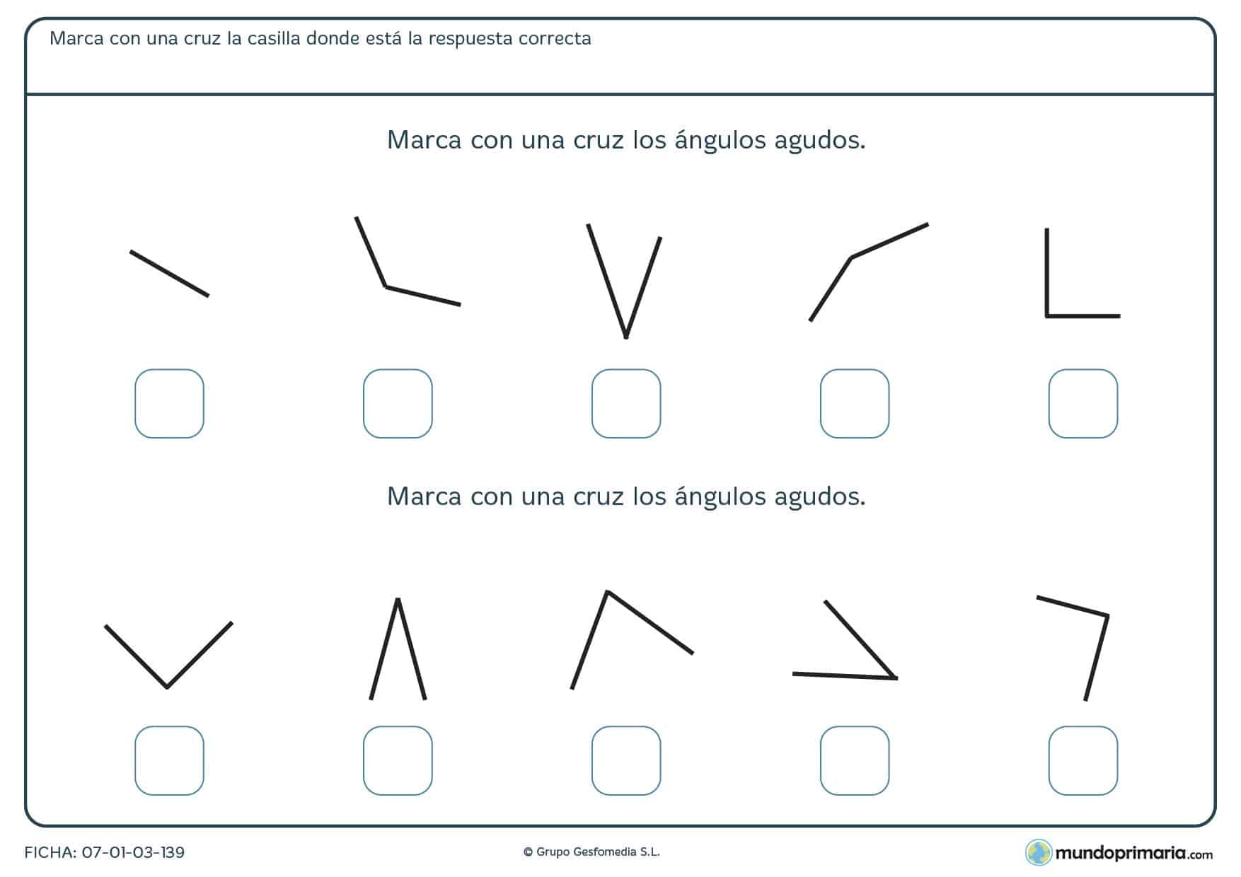 Ficha de clasificar ángulos en los que hay que marcar con una x los que son agudos.