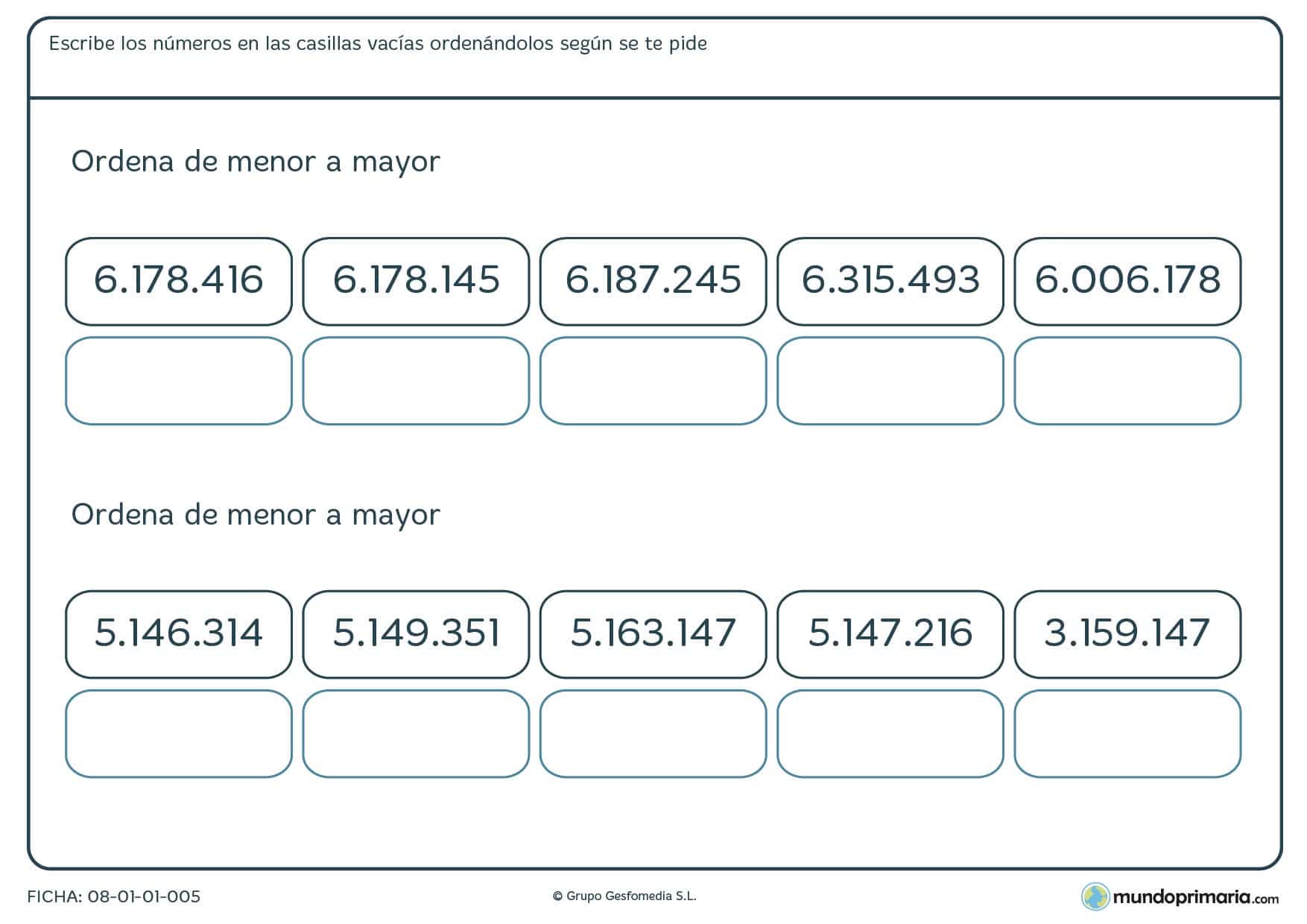 Ficha de clasificar de mayor a menor con 7 cifras en la que habrás de completar correctamente las casillas en blanco.
