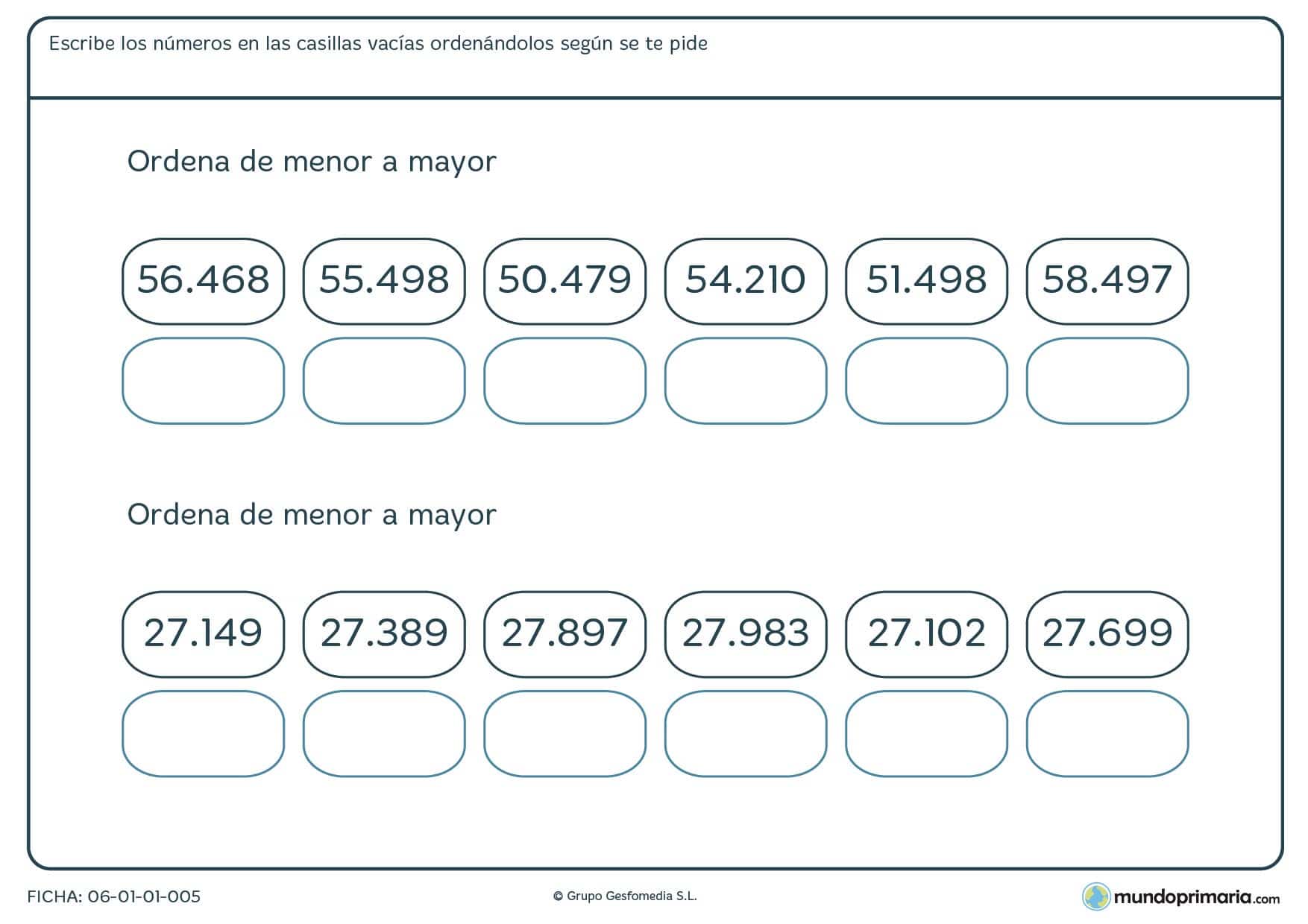 Ficha de colocar de menor a mayor los siguientes números de 5 cifras.