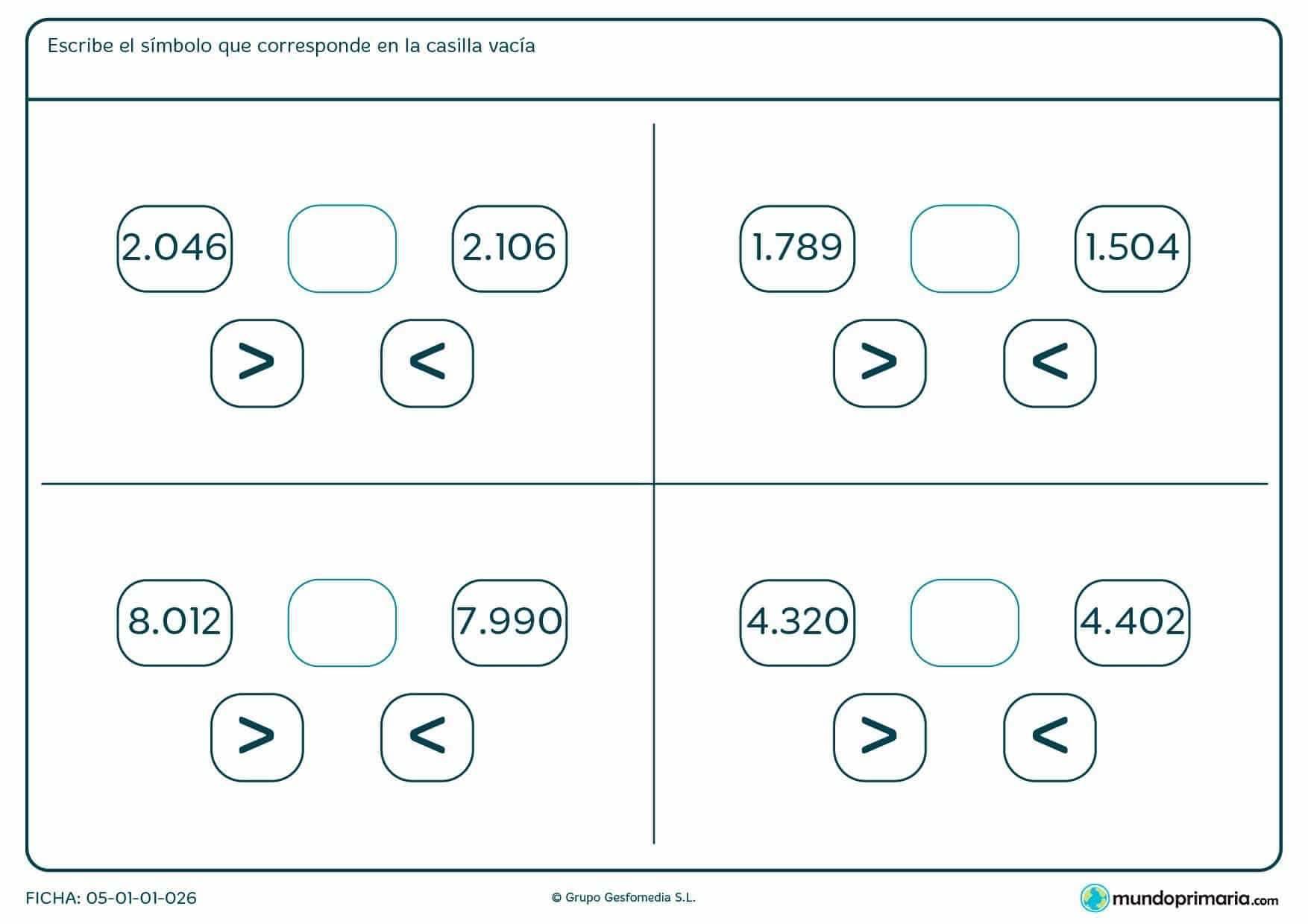 Ficha de colocar el símbolo de mayor o el de menor según se necesite.