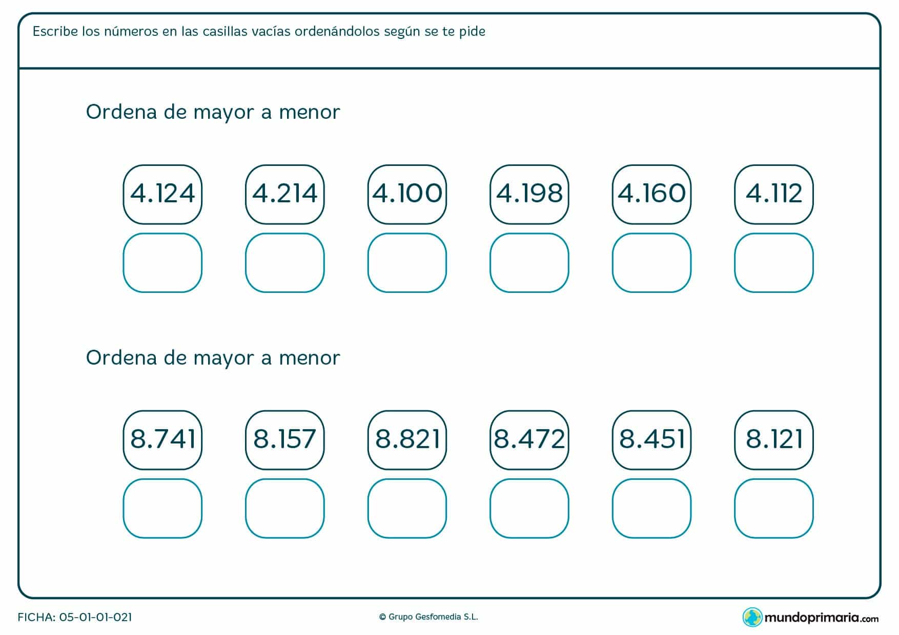 Ficha de colocar cantidades de cuatro cifras en orden de mayor a menor.