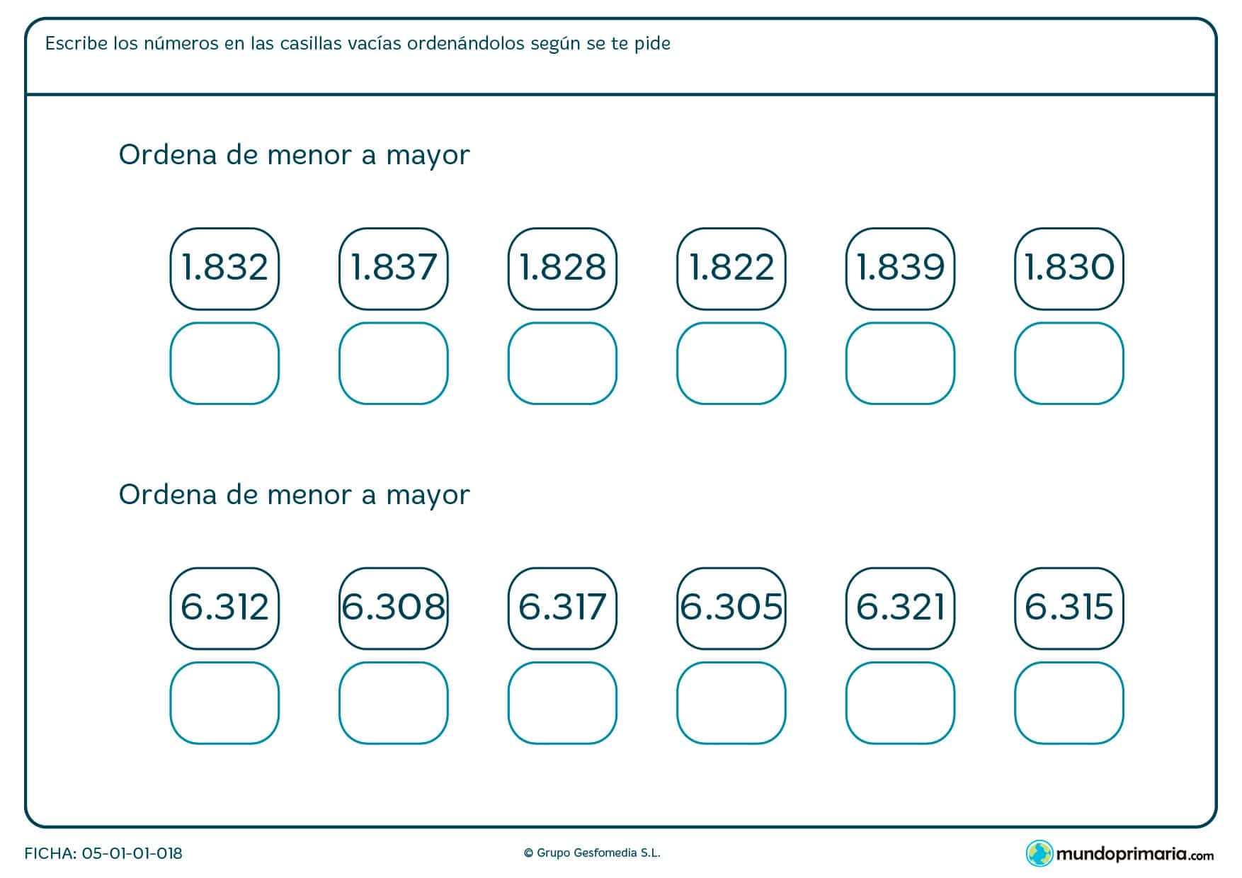 Ficha de colocar números de cuatro cifras en orden de mayor amenor.