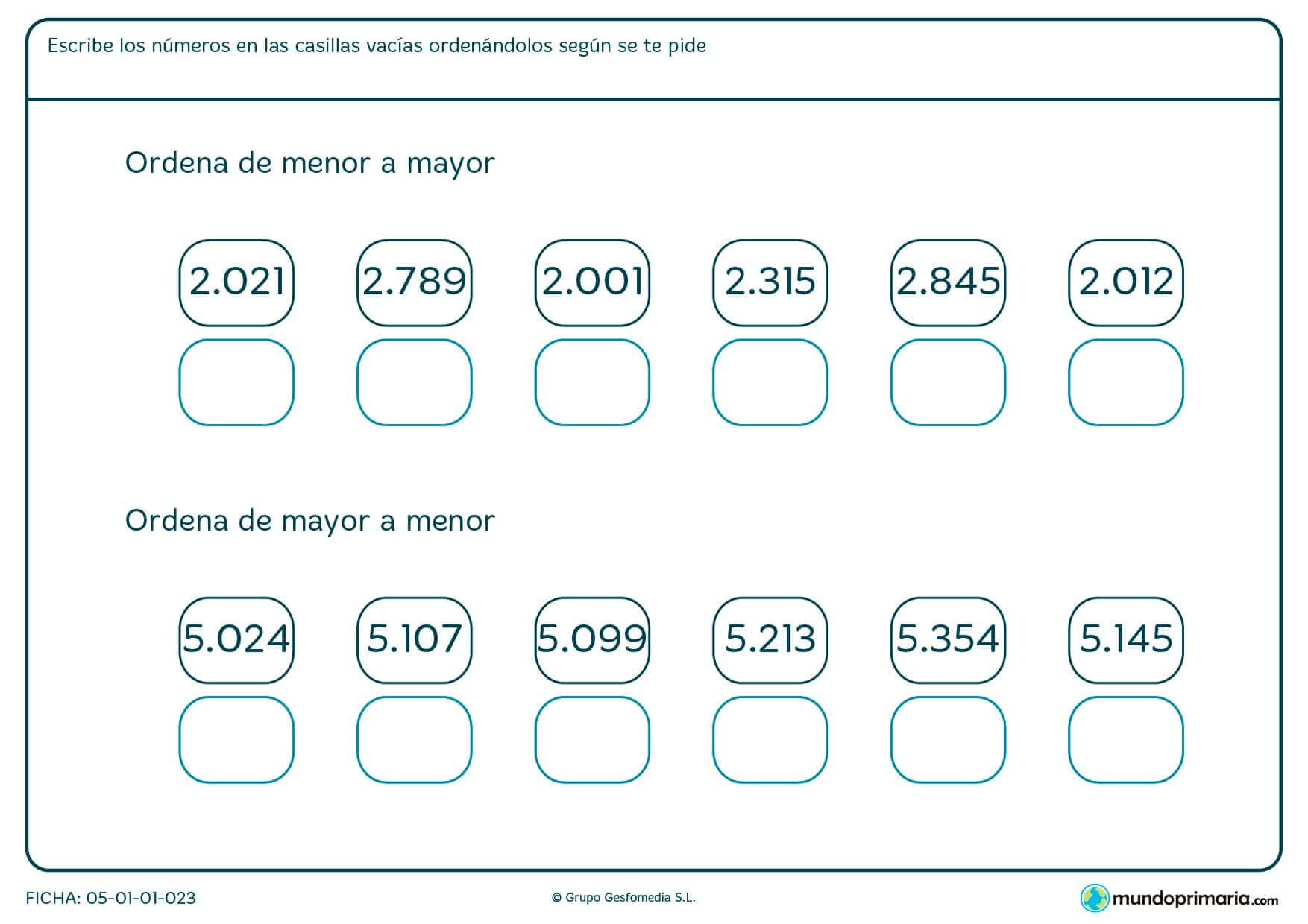 Ficha de colocar números terminando con el mayor y empezando con el menor.