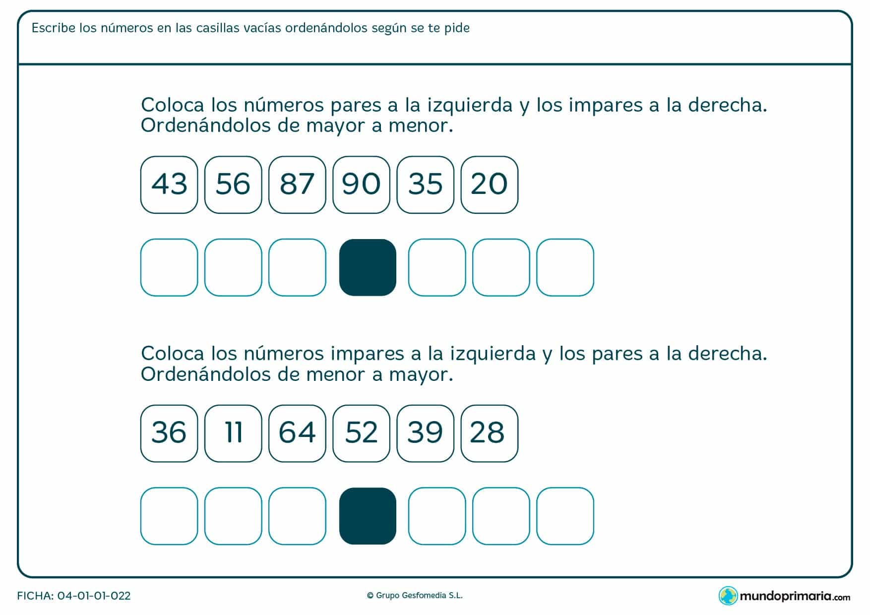 Ficha de colocar pares e impares a derecha o izquierda según la pregunta.