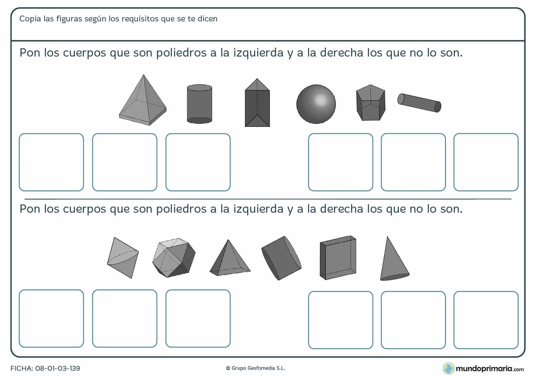 Ficha de colocar poliedros en las casillas de la izquierda y los que no en las de la derecha.