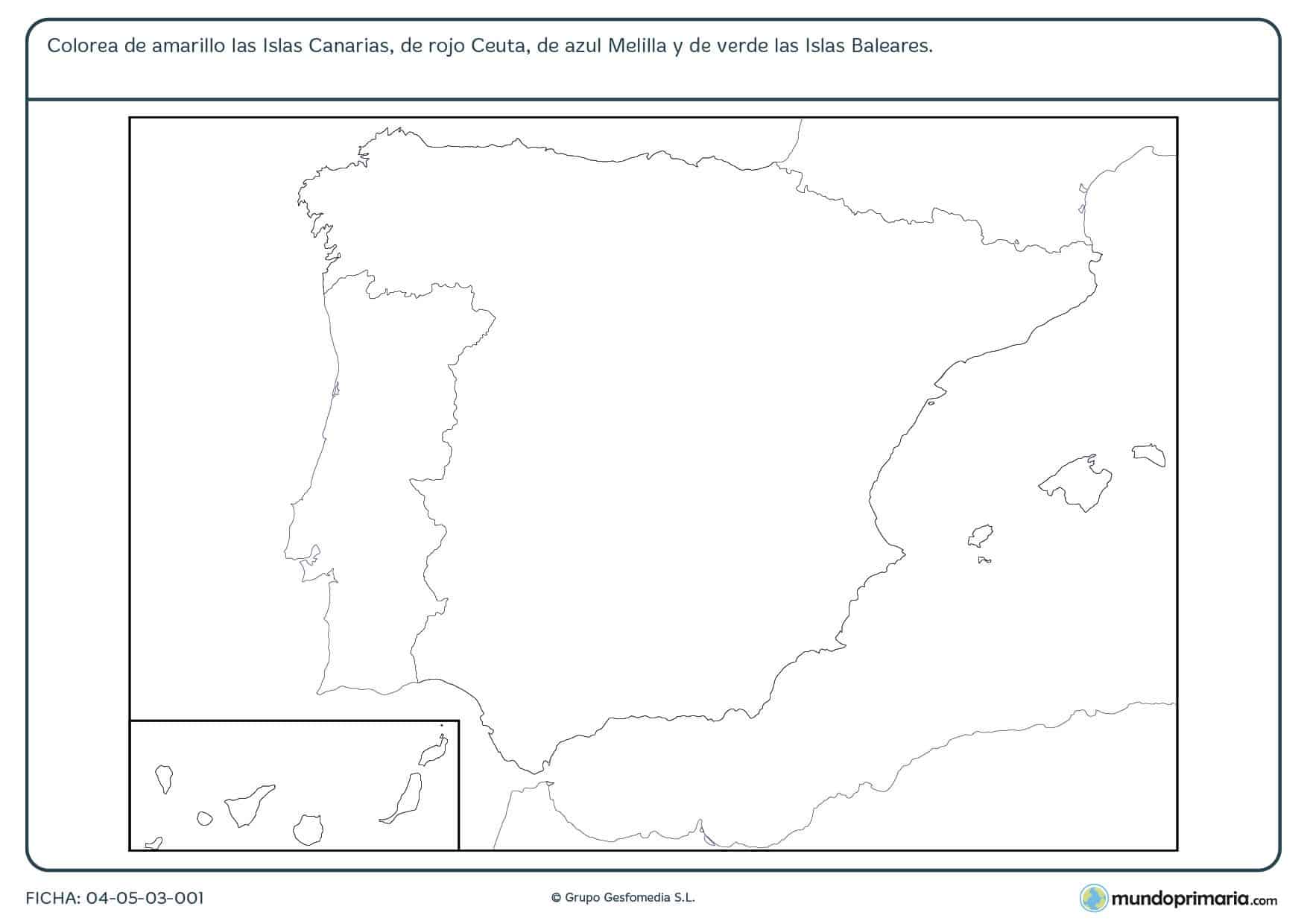 Ficha de colorear zonas de España en la que debes colorear las zonas de España que están fuera de la Península Ibérica.
