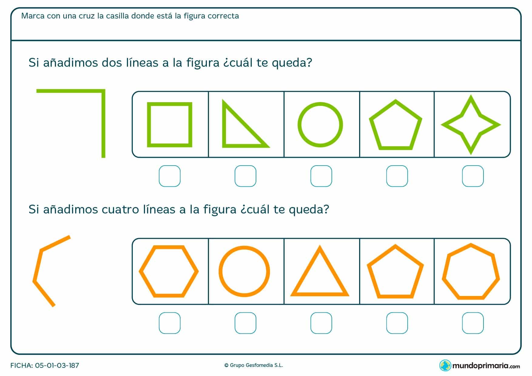 Ficha de completar cuadrado y otras figuras y ver cuál se forma según las líneas añadidas.