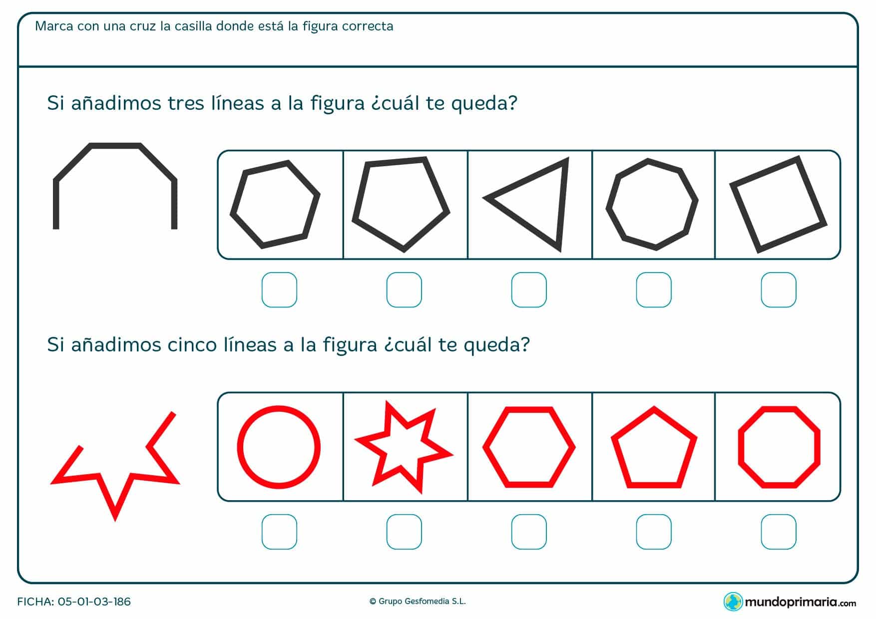Ficha de completar figura geométricas y señalar con cuál se corresponde según el número de líneas que añadamos.