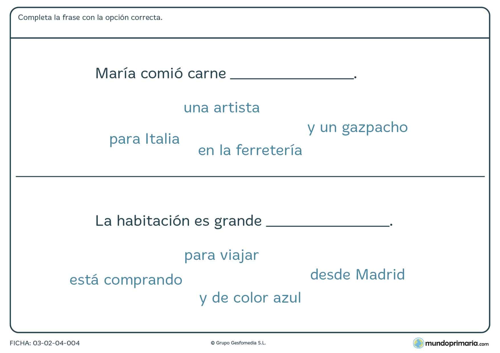 Ficha de completar frases correctamente entre las terminaciones que te proporcionamos.