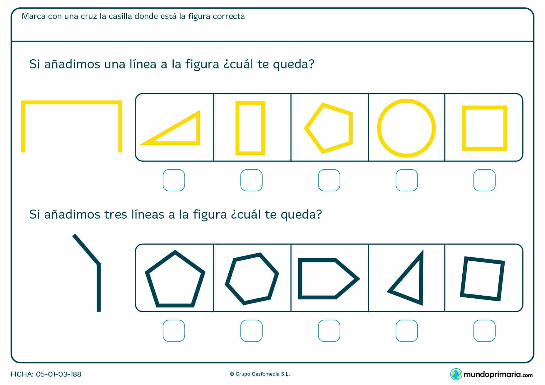 Ficha de completar rectángulo con líneas según se indica en el enunciado aparte de otras figuras.