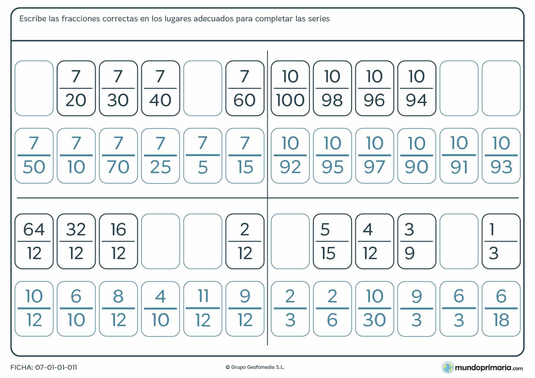 Ficha de completar series de fracciones completando los espacios en blanco.