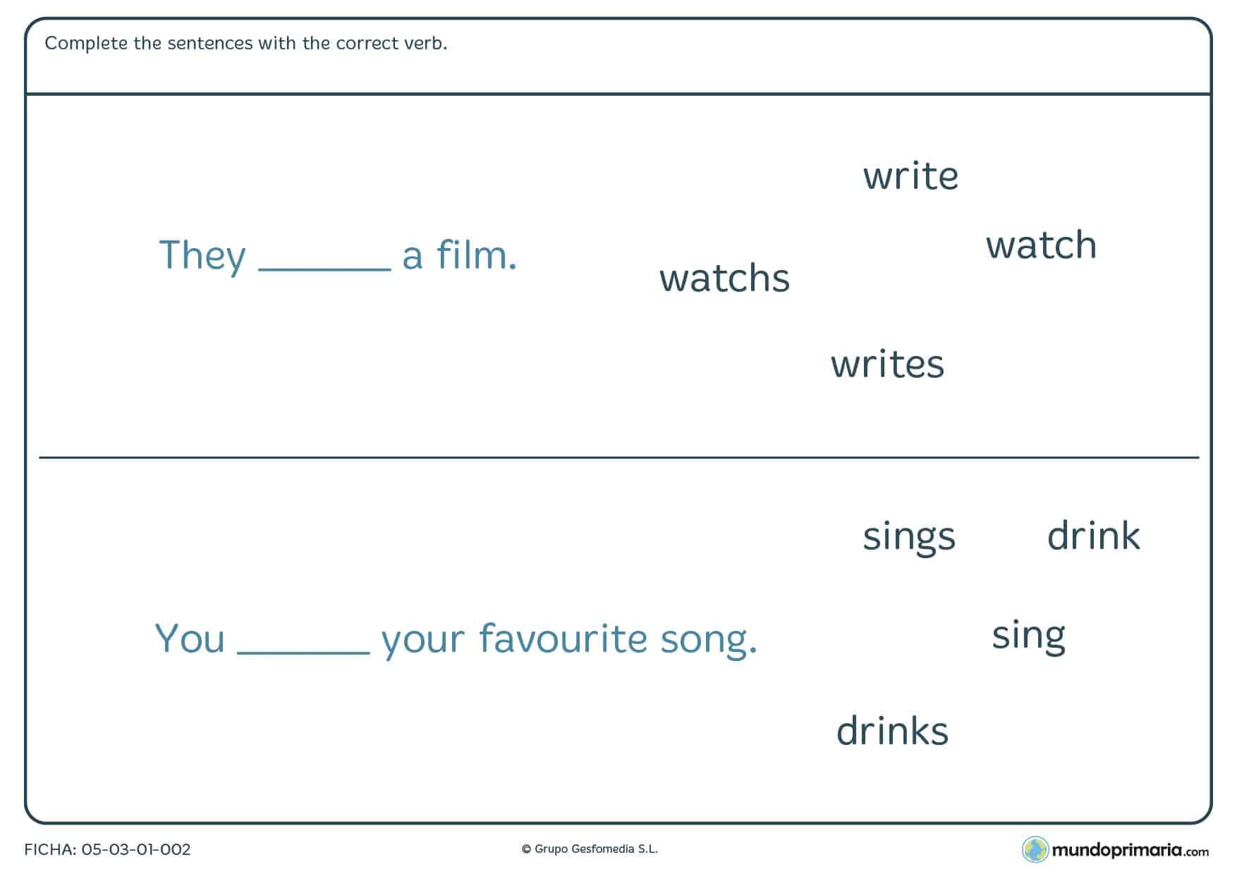 Descarga esta ficha de correct verb para estudiar los verbos en inglés para primaria