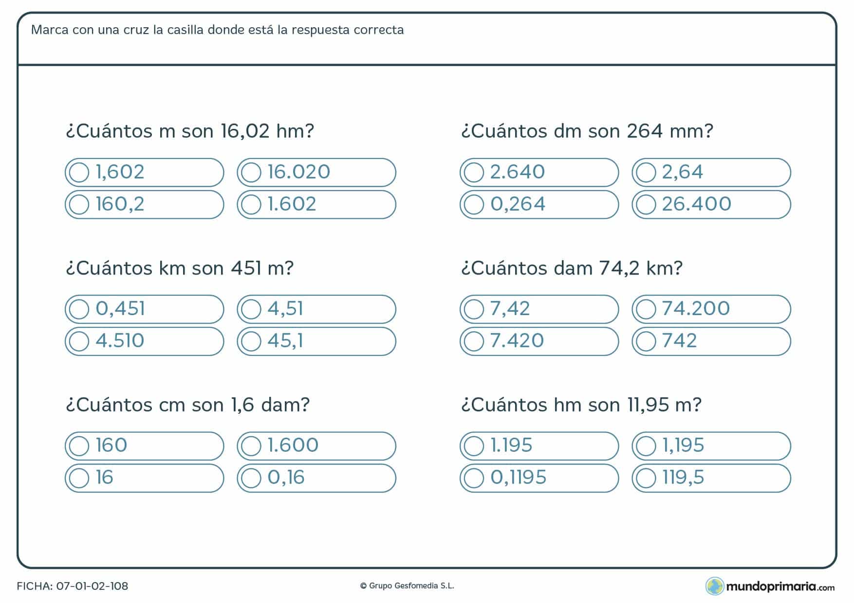 Ficha de correspondencia en metros. Pasa a metros las siguientes cantidades.