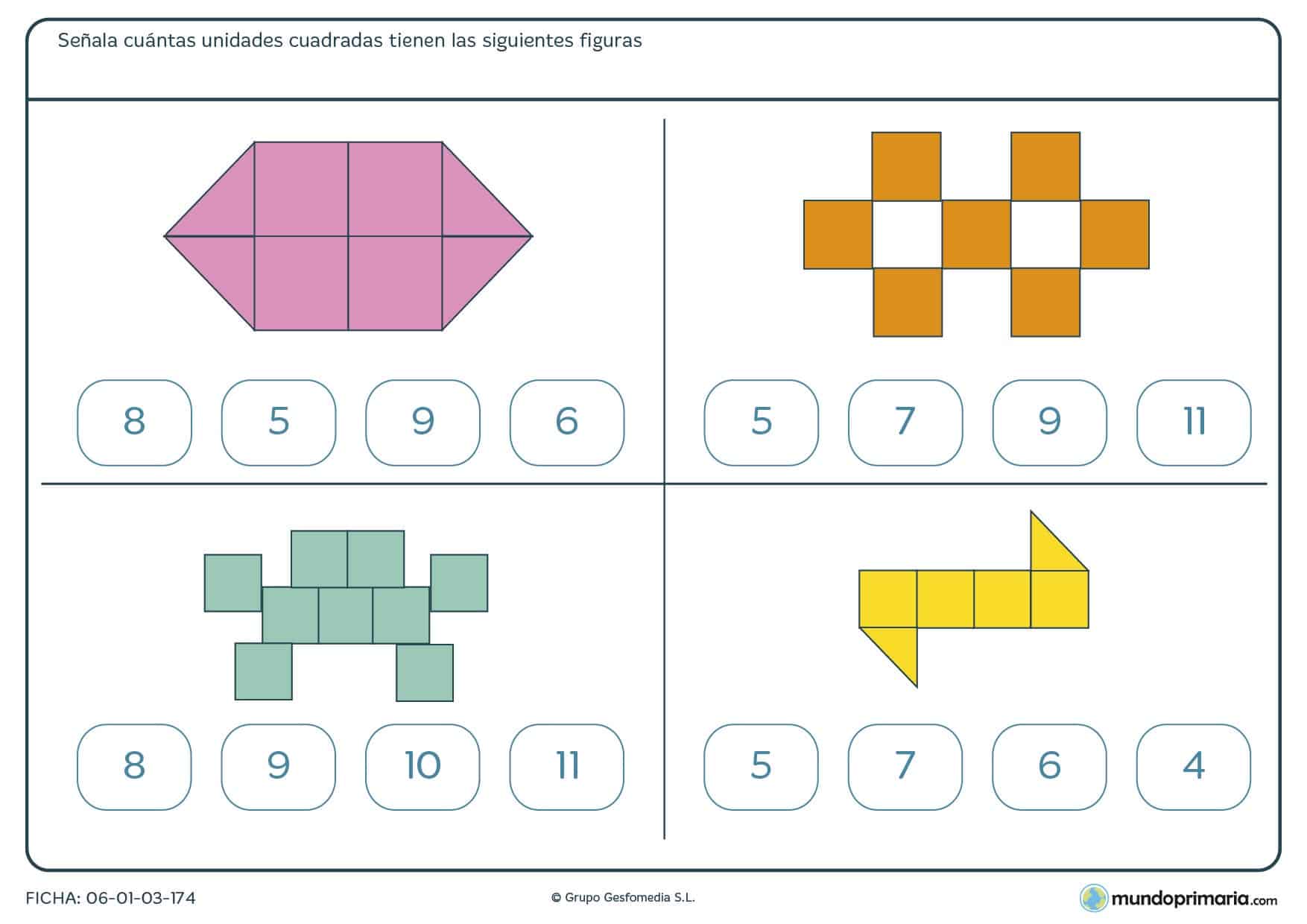 Ficha de cuadros de figuras en la que has de contar y agrupar cuadrados para hallar el número total.