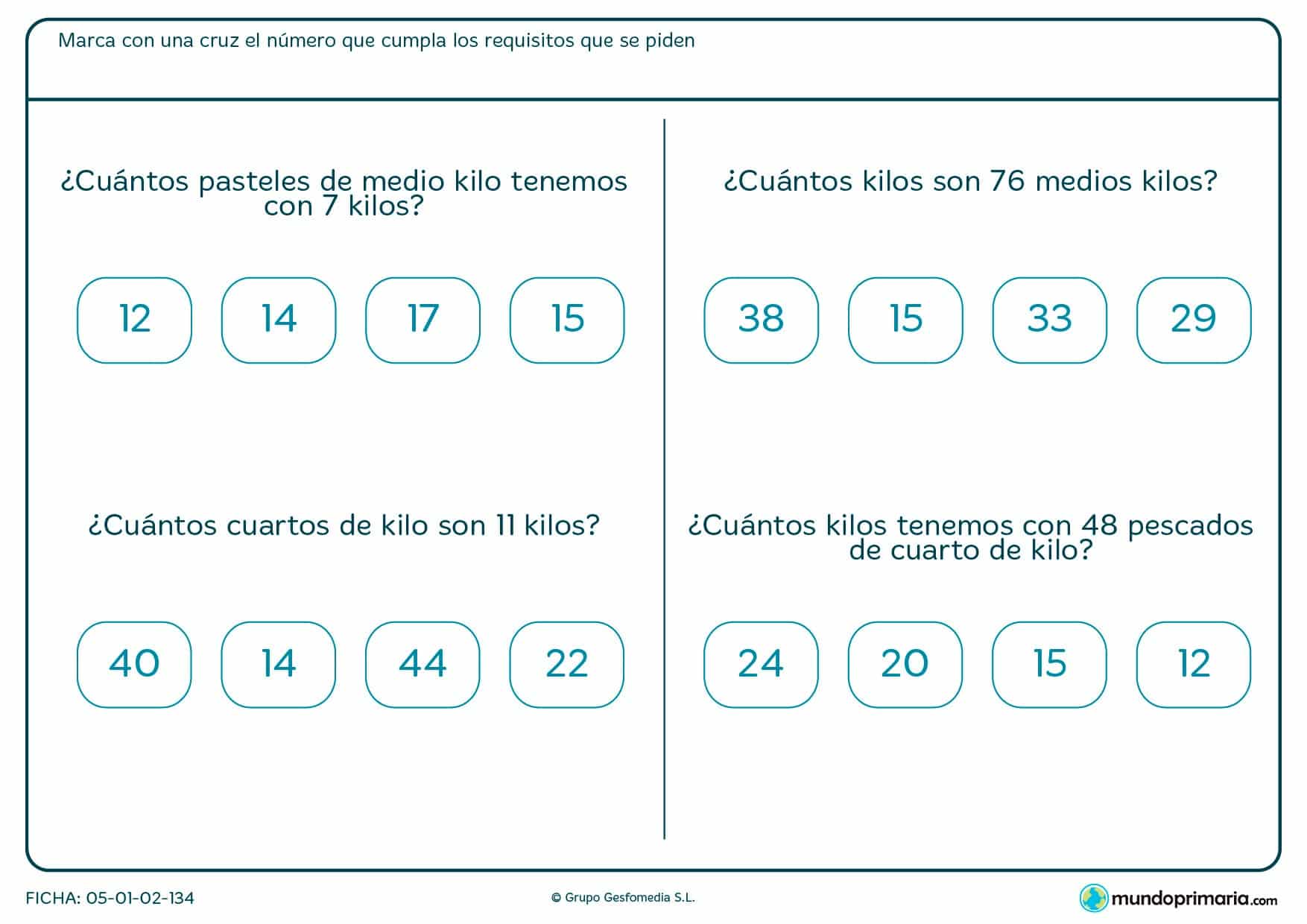 Ficha de cuartos de kilo en la que tendremos que pasar a kilos degún se nos pida.