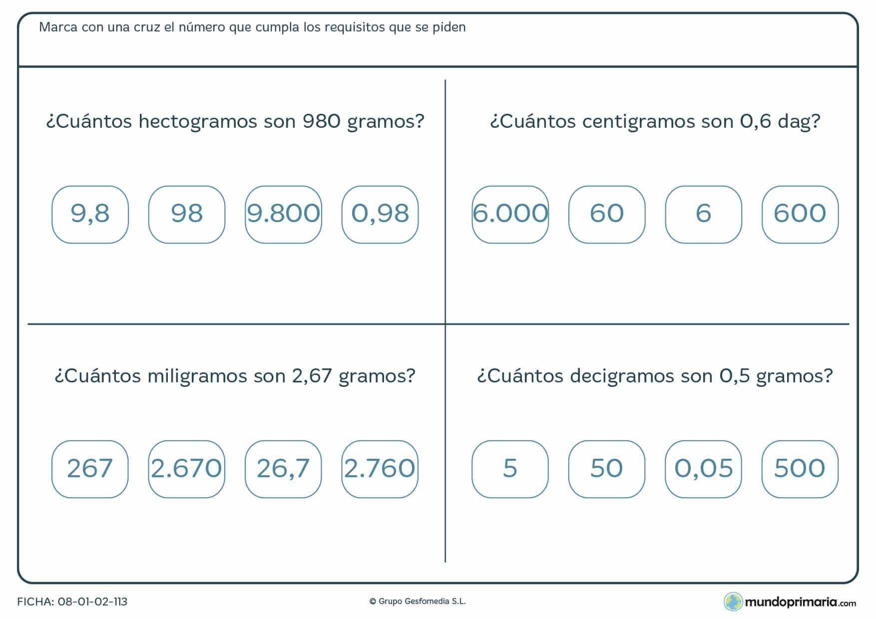 Ficha de cuántos gramos son las cantidades con diferentes unidades que te proporcionamos.