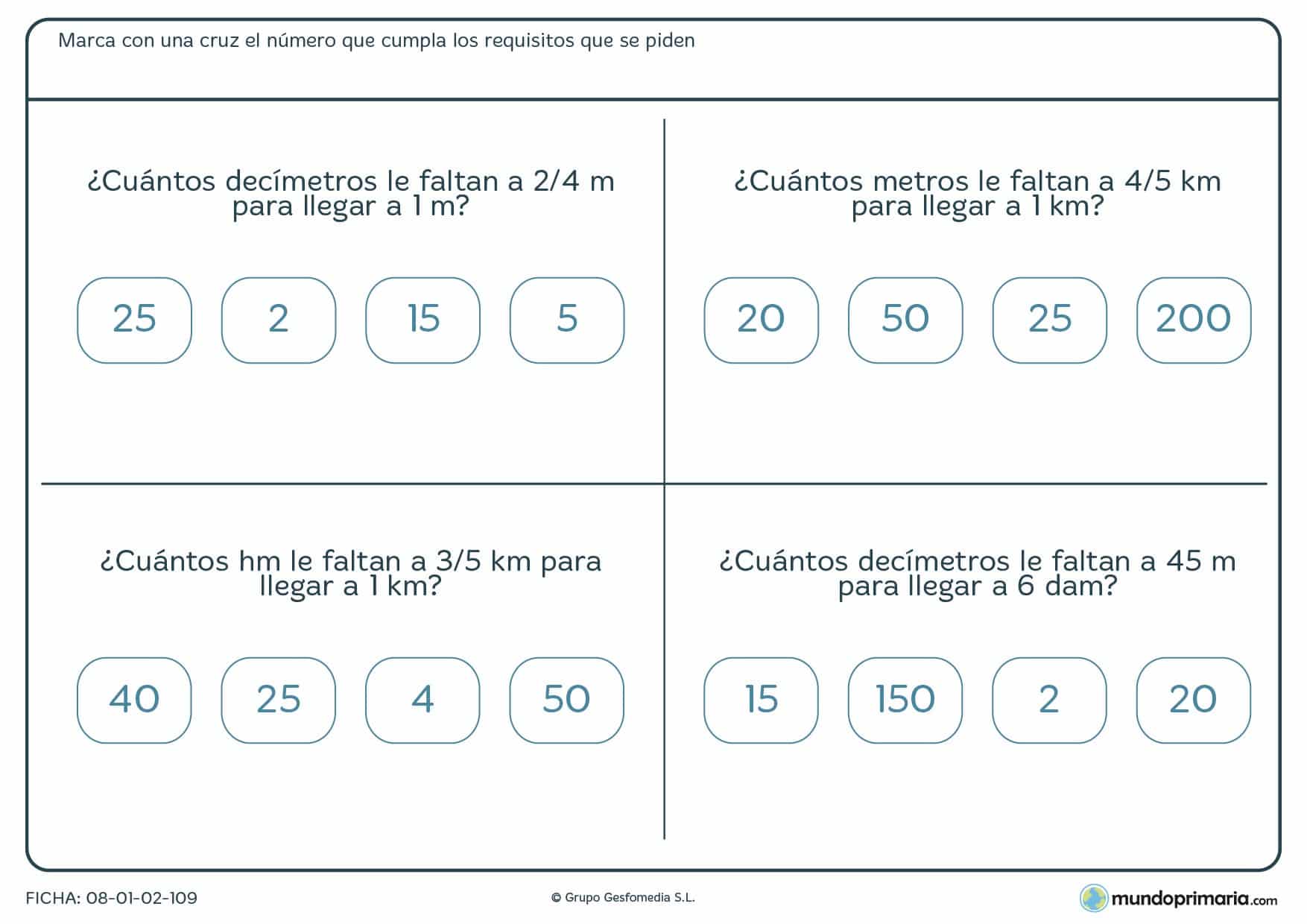 Ficha de cuántos metros faltan a una cantidad para llegar a otra con diferente unidad.
