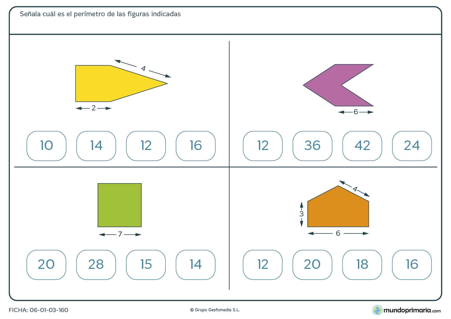 Ficha de cálculo de perímetros que debes de hallar de estas cuatro figuras y marcar los números correctos.