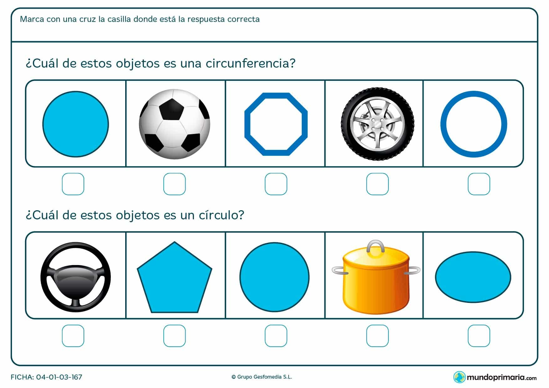 Ficha de círculos en la que debes marcar que objetos son circunferencias y cuáles círculos.