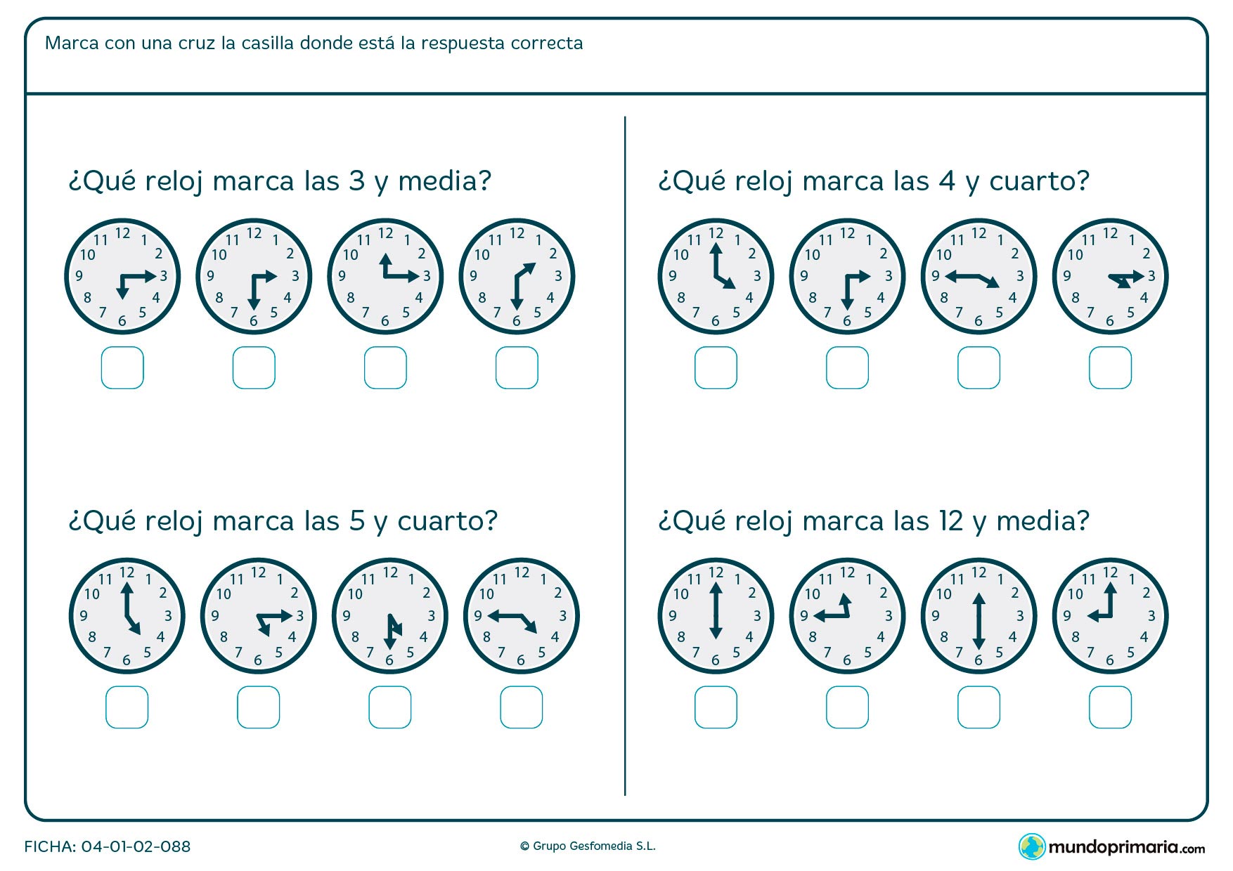 Ficha de de horas de reloj para seleccionar el que marca la hora especificada en el enunciado.