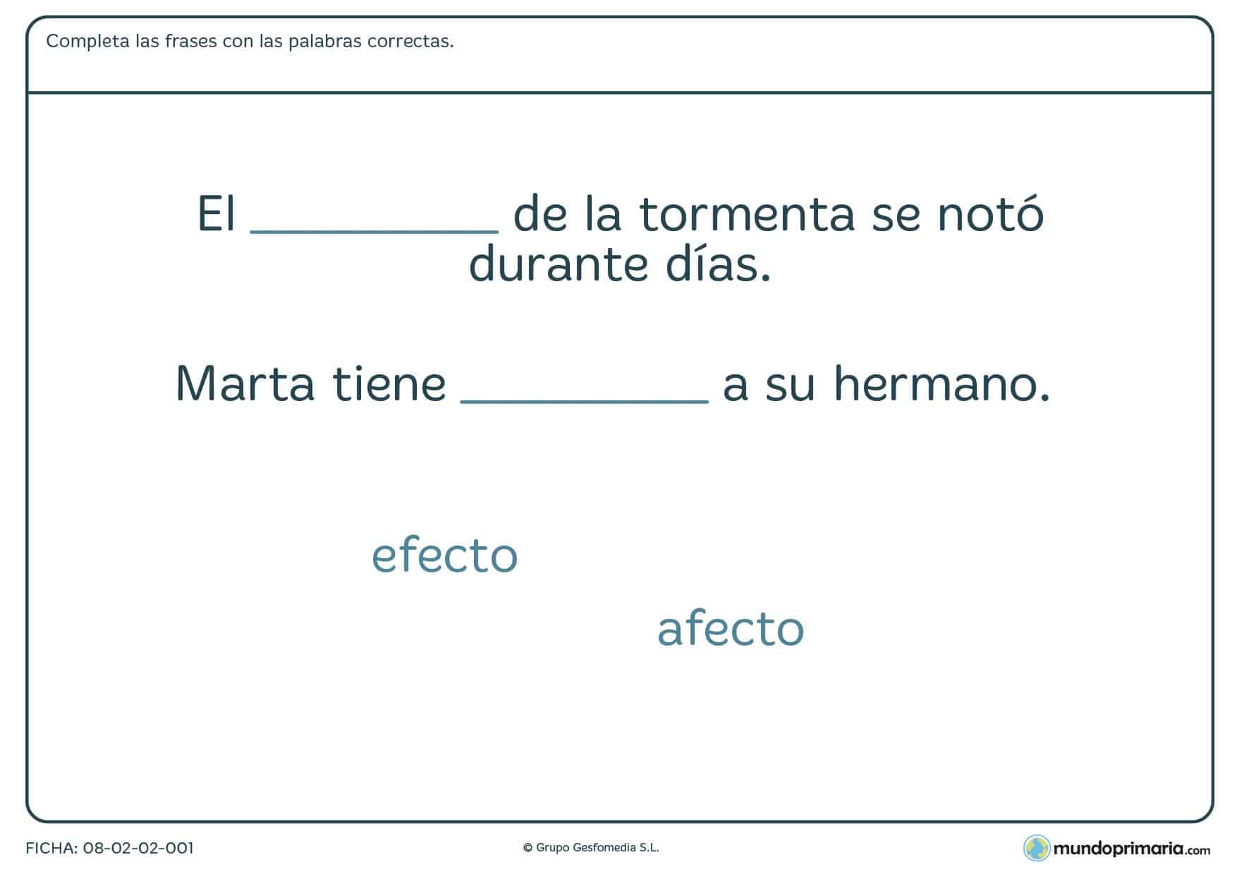 Ficha de diferenciar palabras similares foneticamente en la que con 2 oraciones y 2 palabras hay que completarlas correctamente.