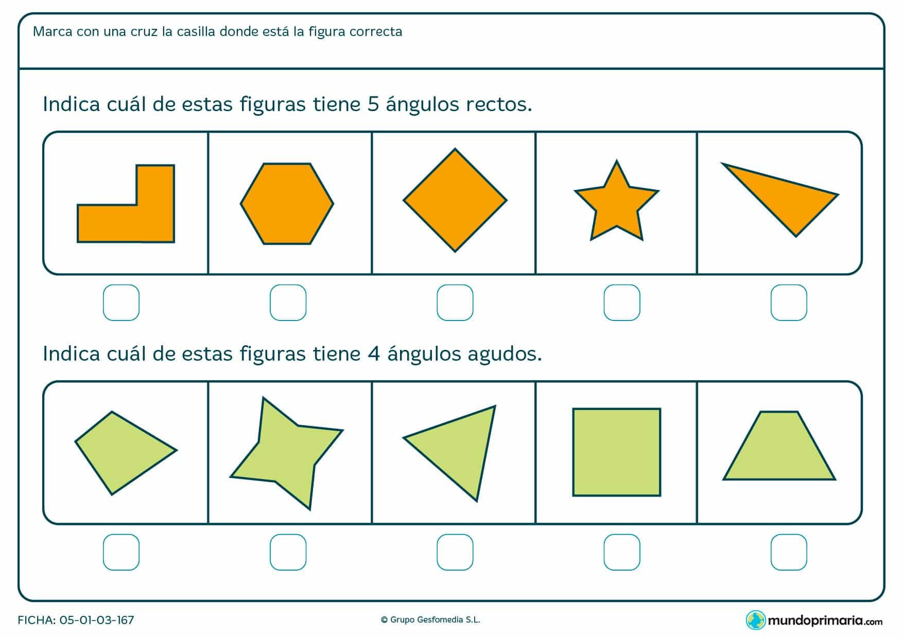 Ficha de diferentes ángulos para contar de varias figuras geométricas y averiguar cuál es la que te nombramos.