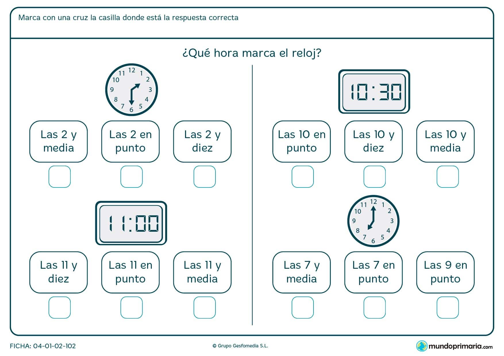 Ficha de diferentes relojes en la que hay que averiguar la hora que marca.