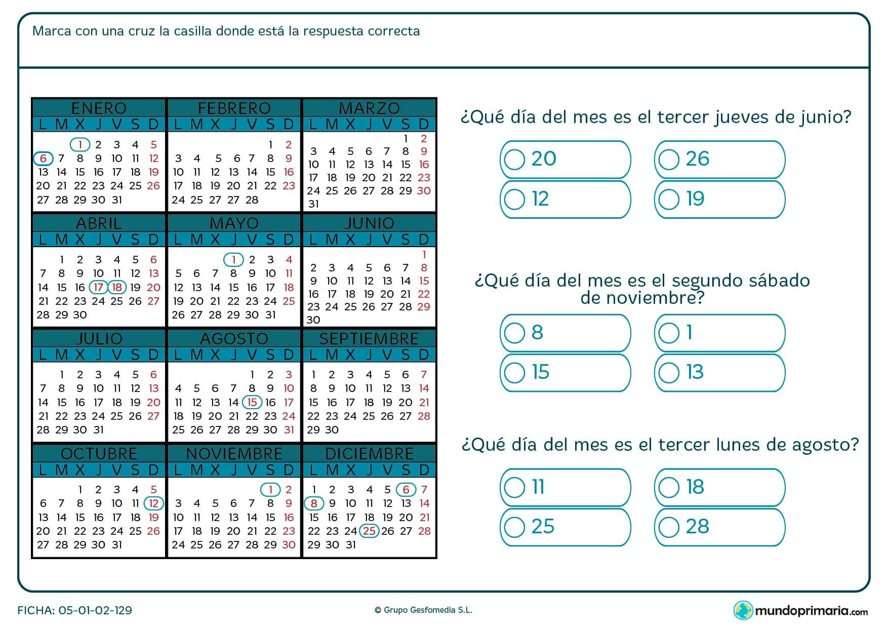 Ficha de días de calendario en la que se presenta un día y su posición ordinal dentro del calendario y en el que has de averiguar de qué número se trata.
