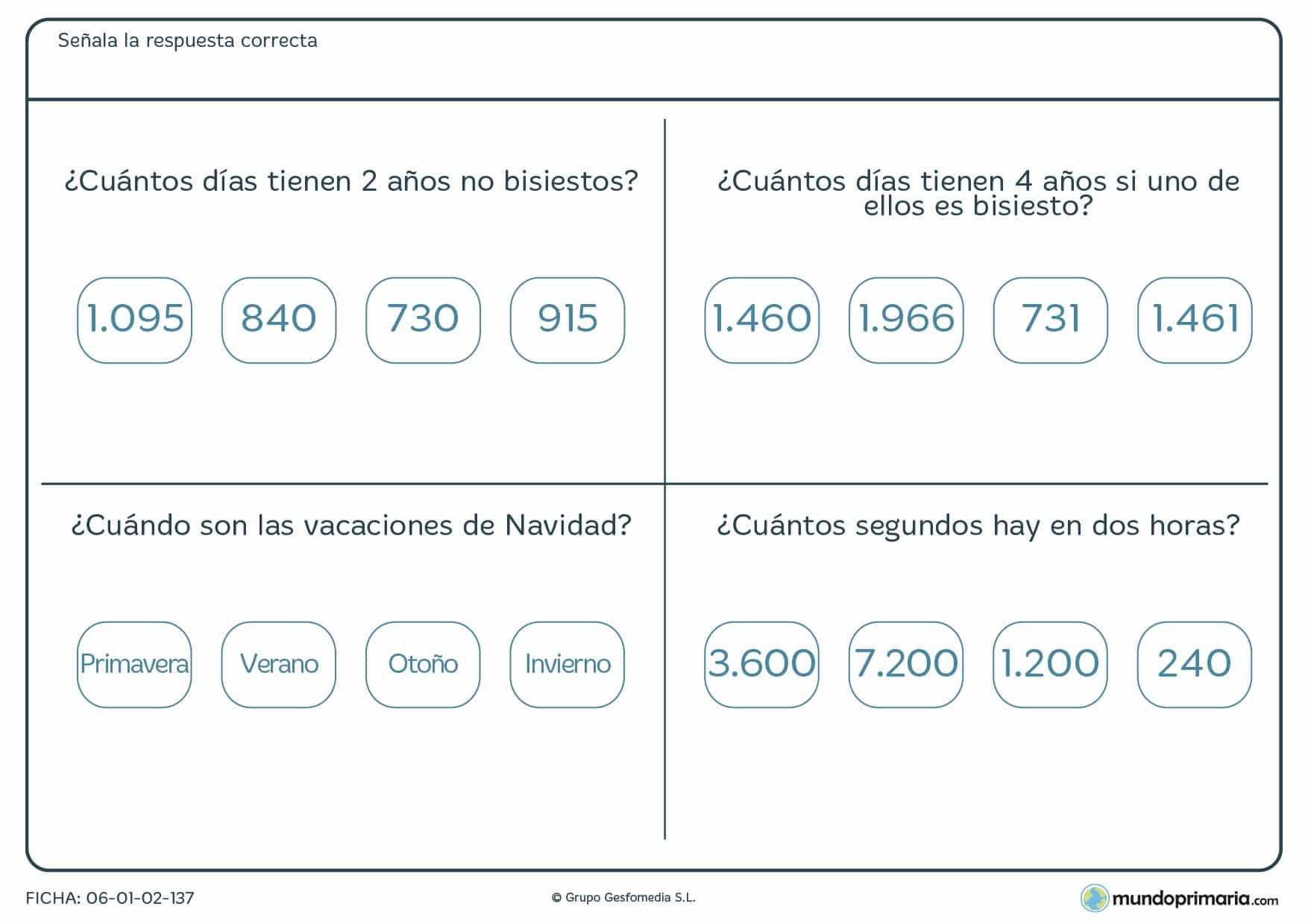 Ficha de días del año y acontecimiento sobre el tiempo en la que has de responder correctamente a las preguntas.
