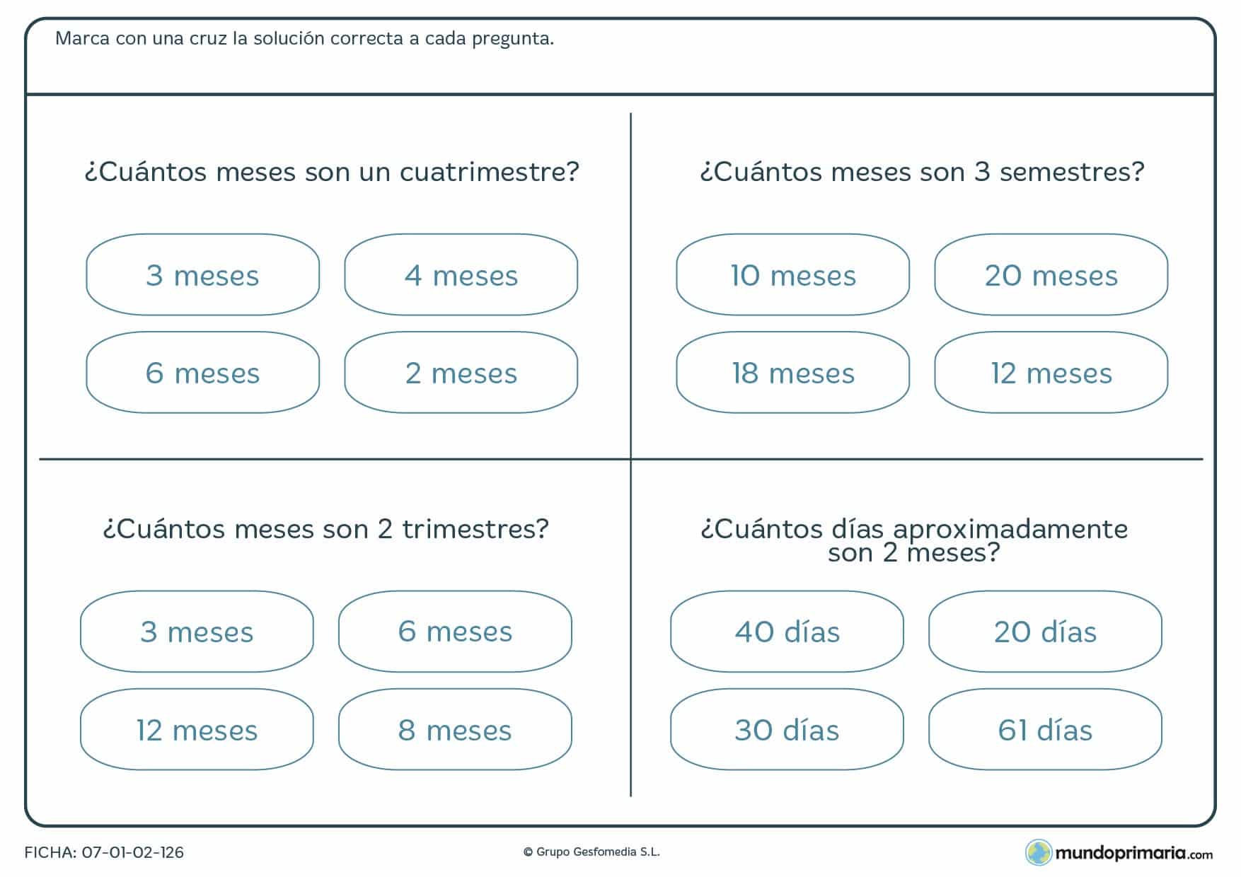 Ficha de días y meses en la que has de responder a lo que equivalen según te pedimos.