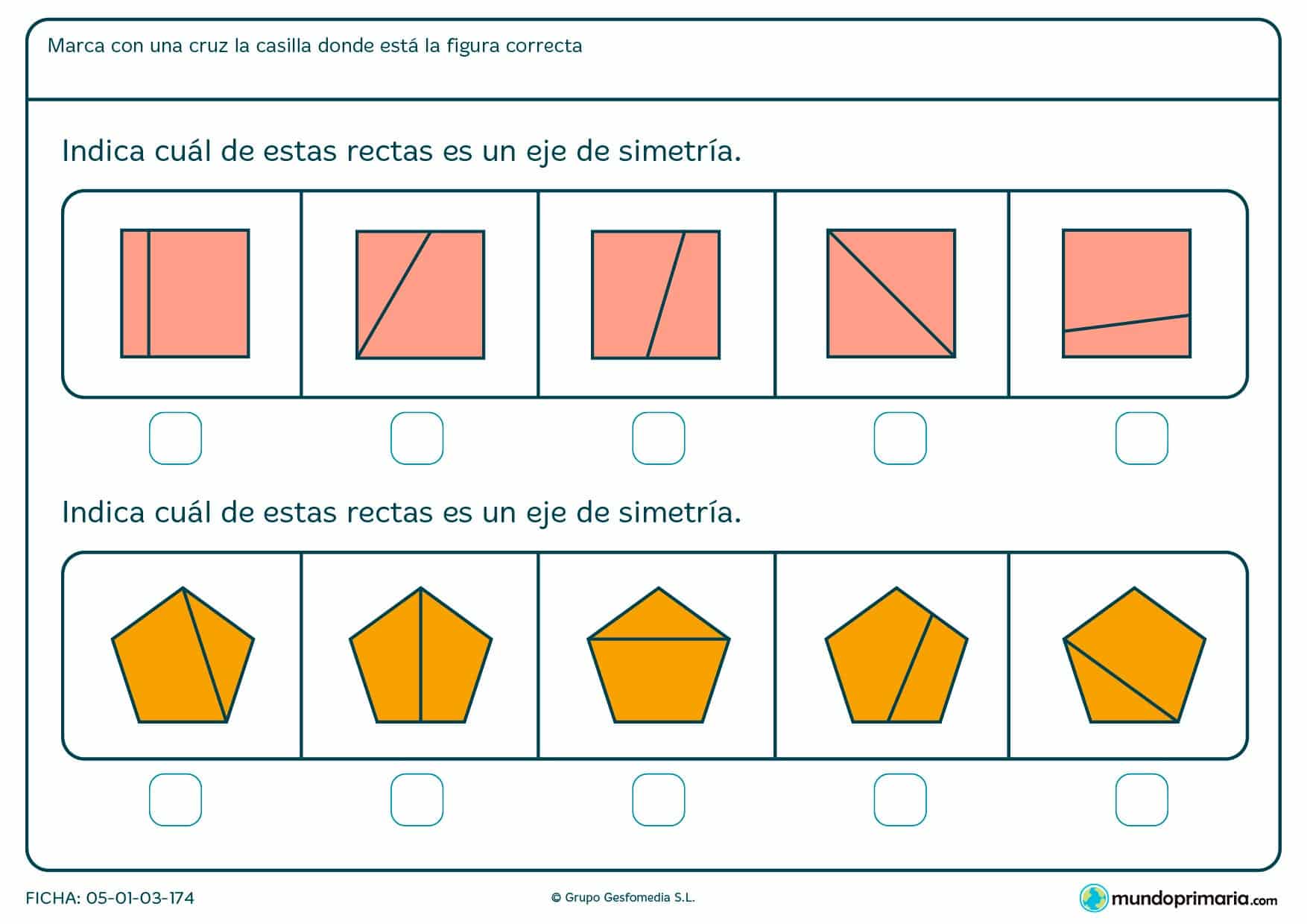 Ficha de eje de simetría de pentágonos y cuadrados para buscar cuál de ellos es eje de simetría.