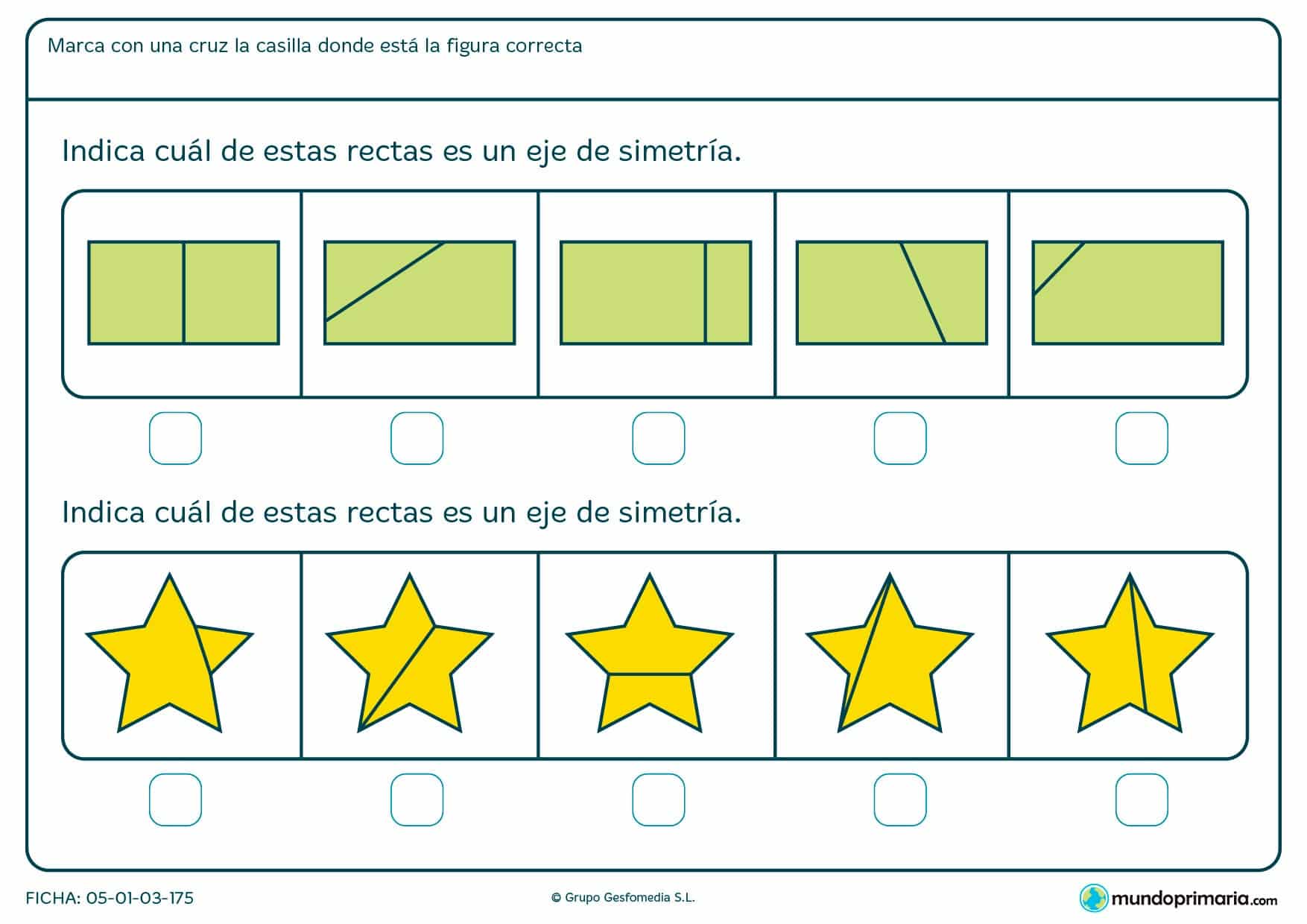 Ficha de eje de simetría en estrellas y revtángulos. Marca las imágenes que cumplen esta condición.