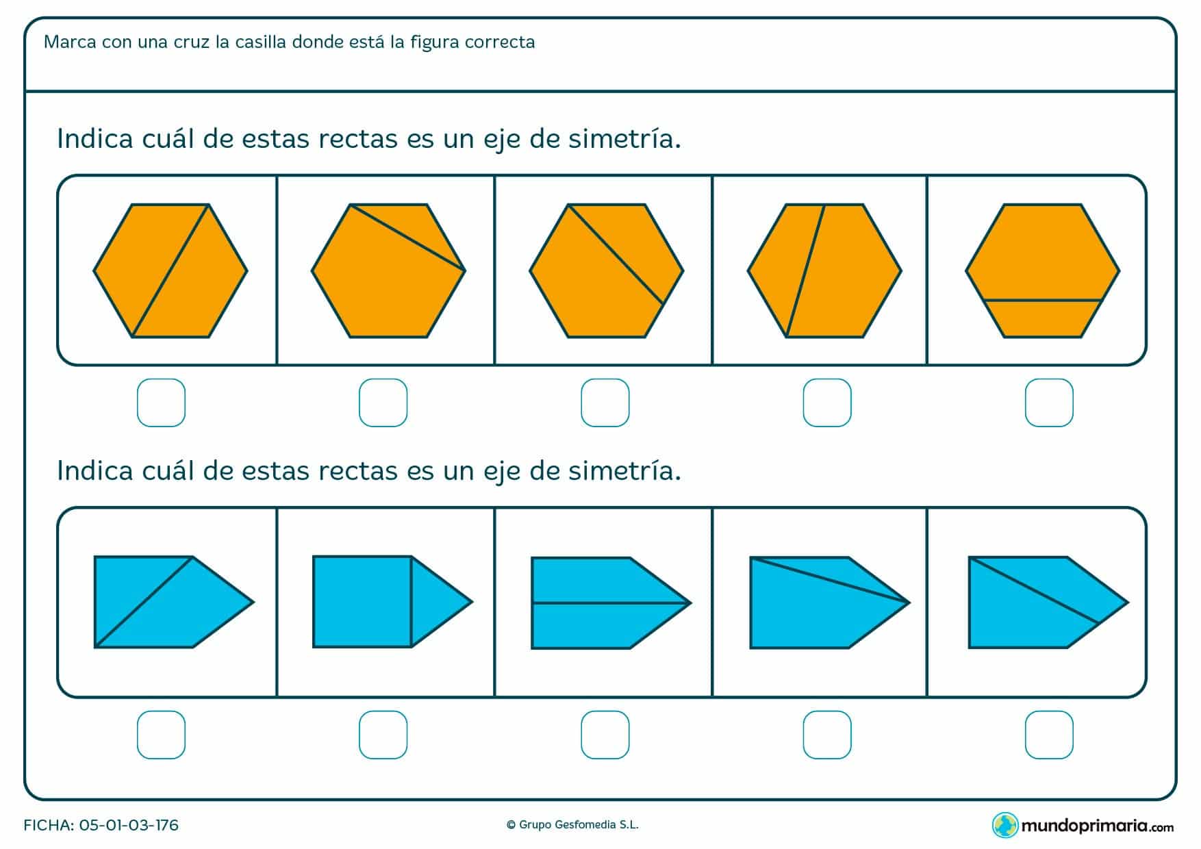 Ficha de eje de simetría en hexágonos para primaria Mundo Primaria