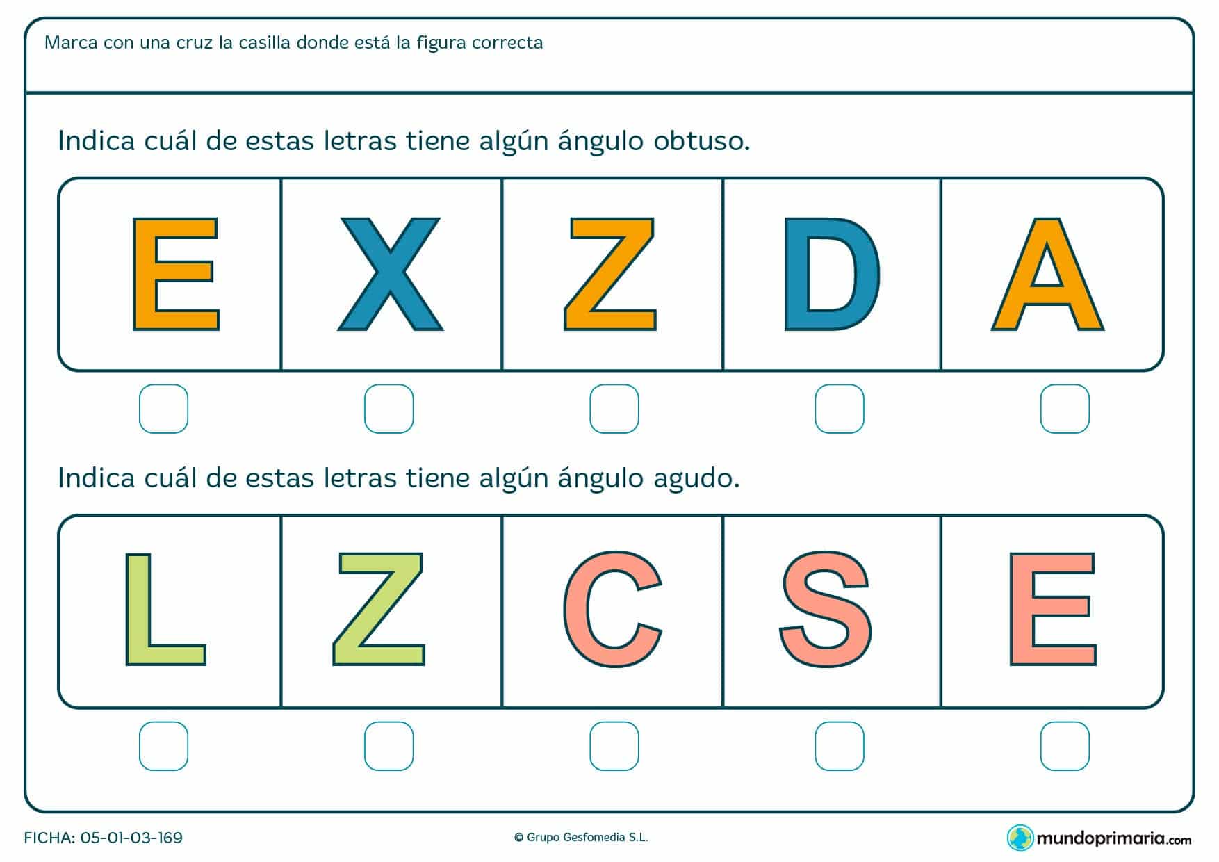 Ficha de el ángulo de las letras mayúsculas en las que tendrás que identificar los ángulos que forman.