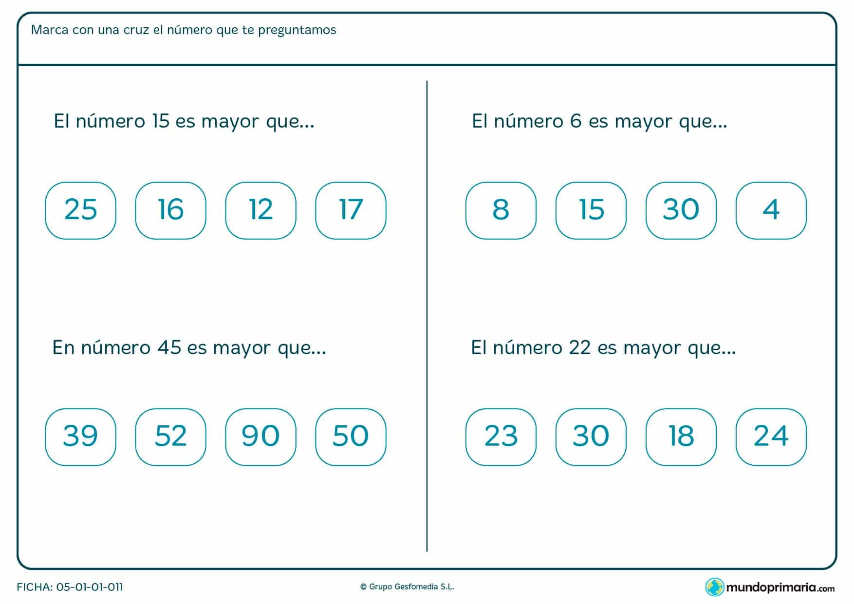 Ficha de el número es mayor que, en la que has de encontrar de los cuatro cuál es mayor que el del enunciado.