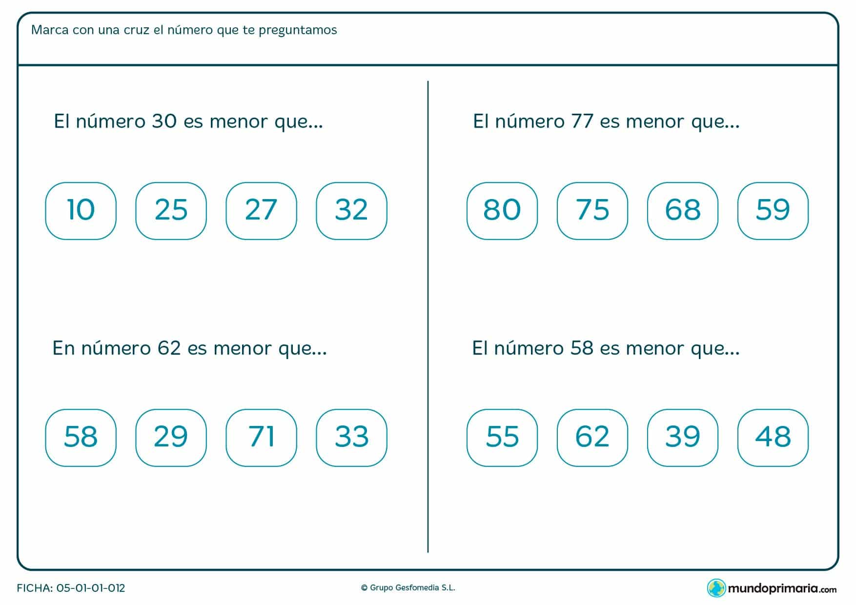 Ficha de el número es menor que, en la que has de encontrar de los cuatro cuál es menor que el del enunciado.