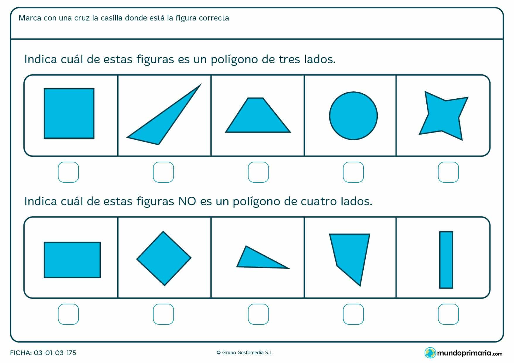 Ficha de elementos de tres y cuatro lados con la que hacer ejercicios para niños