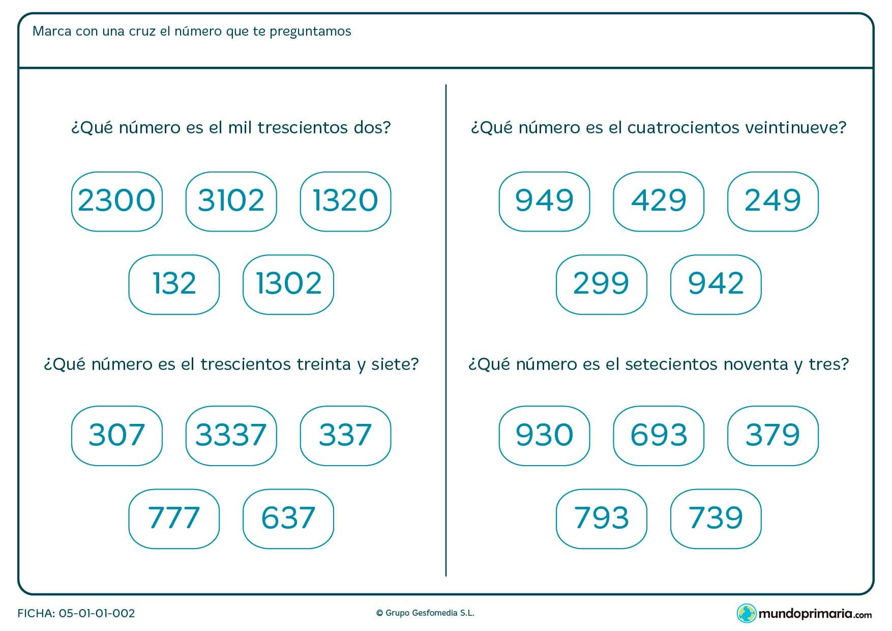 Ficha de encontrar números de 3 cifras para repaso del colegio.