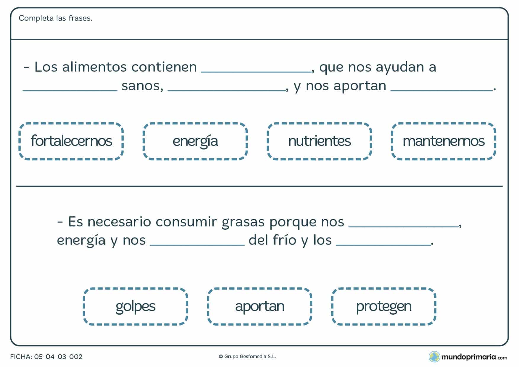 Ficha de energía de alimentos, debes completar las frases sobre los alimentos y su poder energético, con las palabras que te damos.