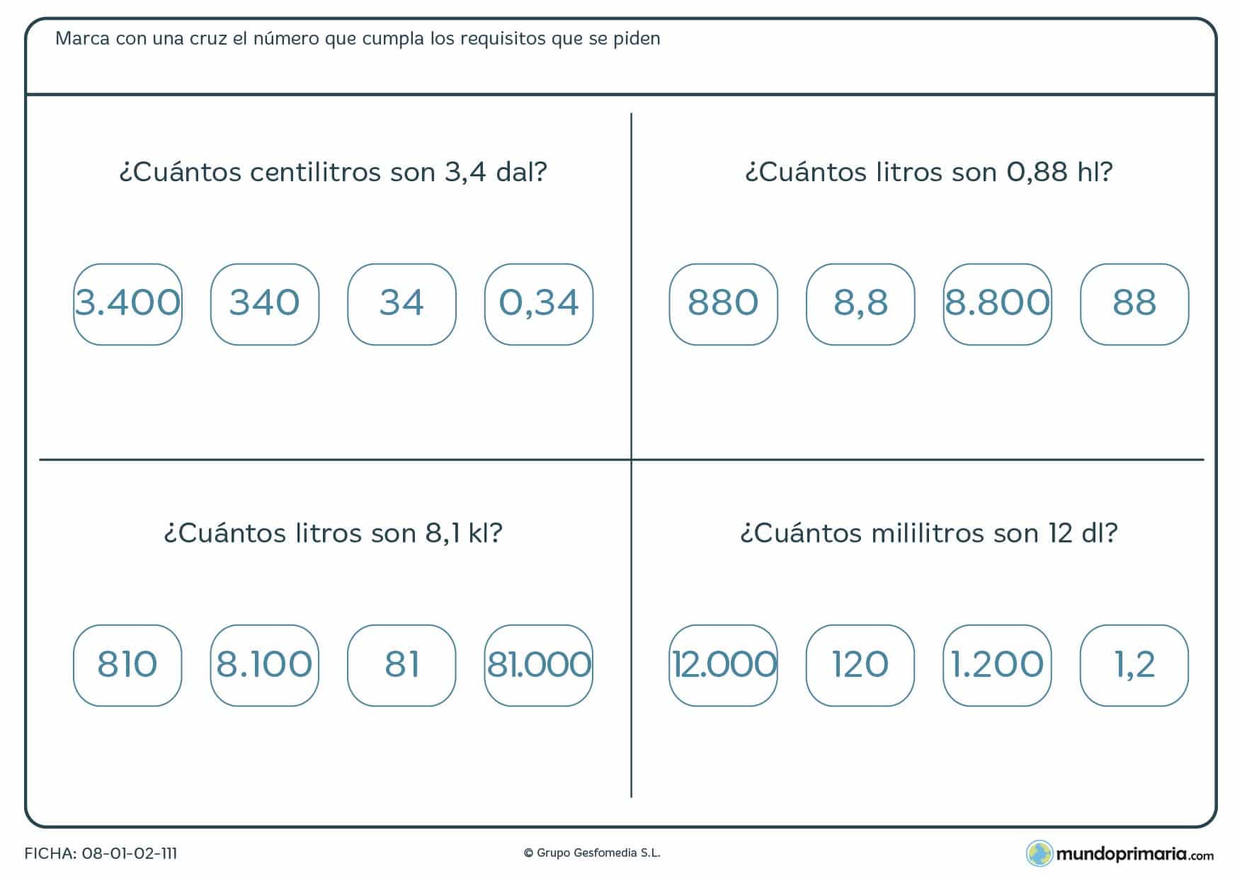 Ficha de equivalencia de litros en la que debes marcar la respuesta correcta de las 4 que te damos.