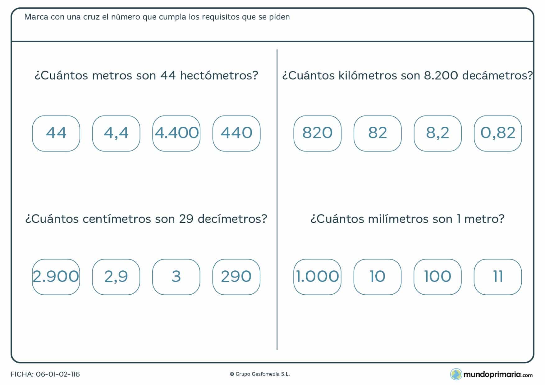 Ficha de equivalencia de medidas en la que deberás señalar la medida que se corresponde con la del enunciado.