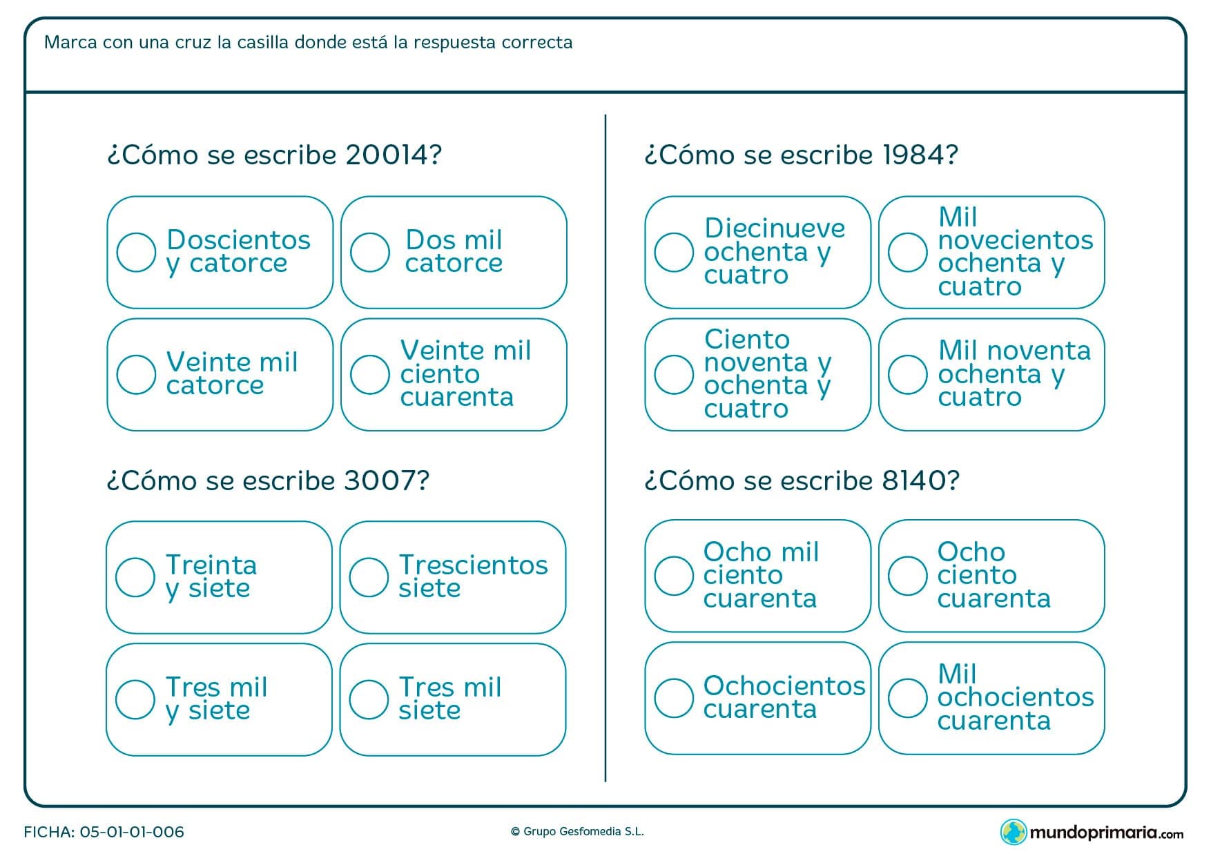Ficha de escribir número en letras partiendo del que te damos en cifras.