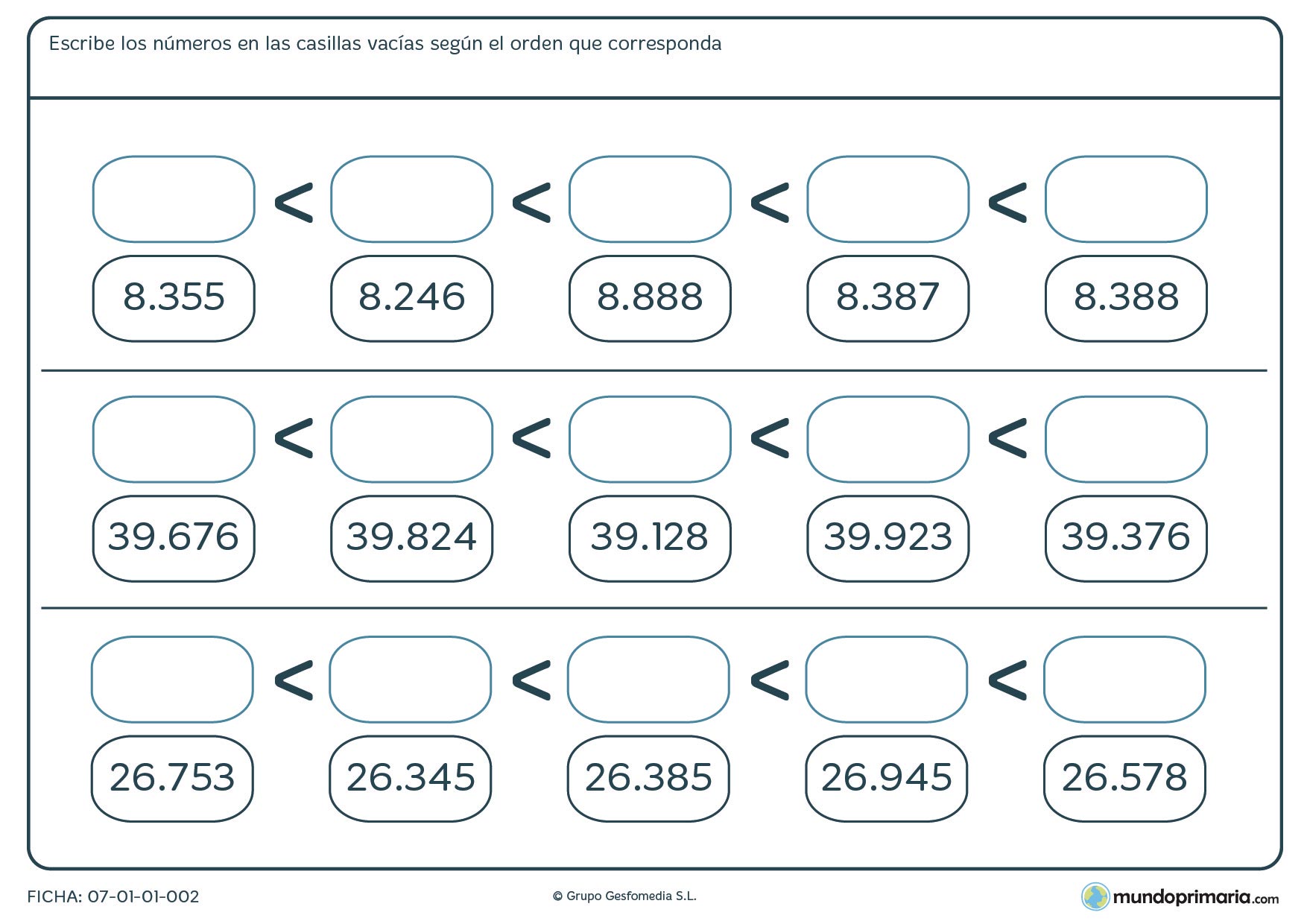 Ficha de escribir números de menor a mayor rellenando las casillas vacías en orden correcto.