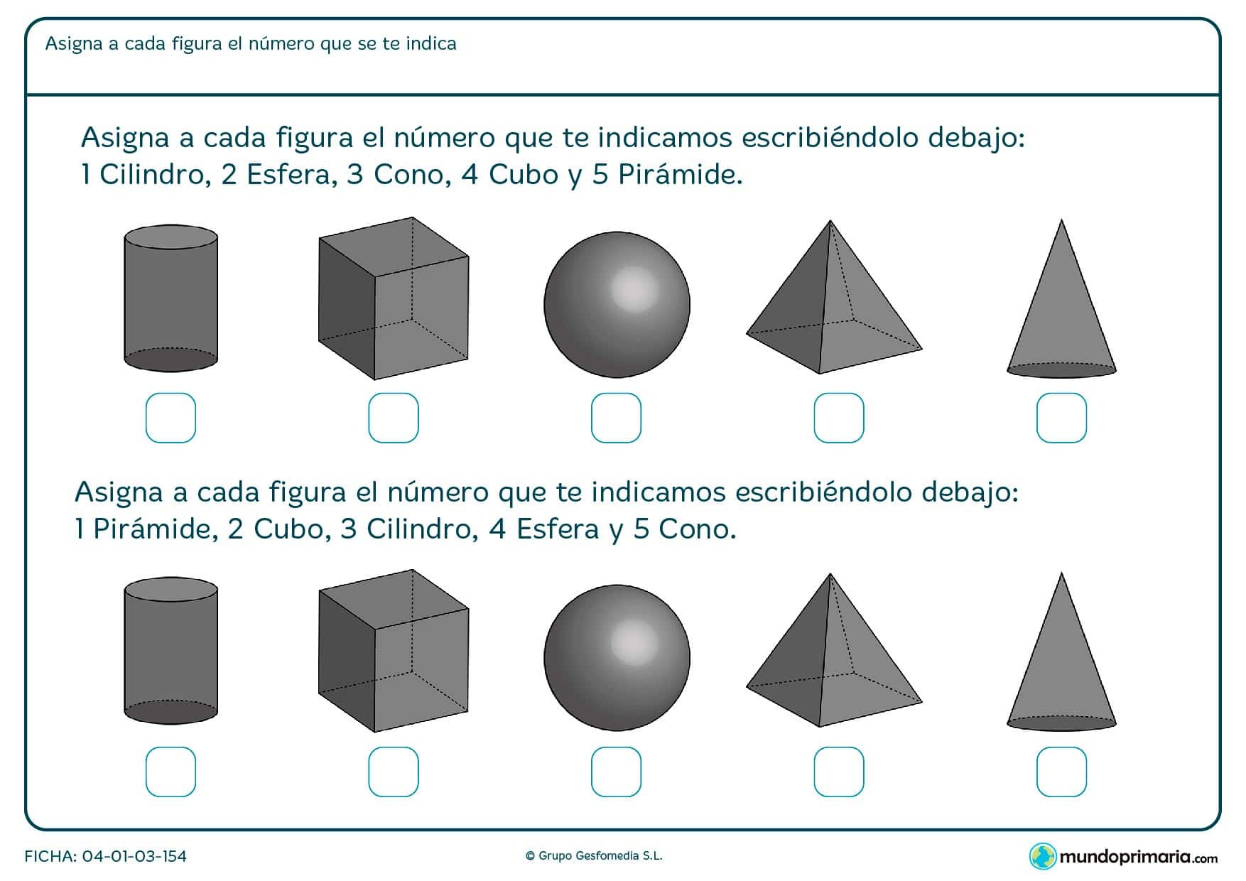 Ficha de esferas y varias figuras más, para organizarlas por su correcto nombre.