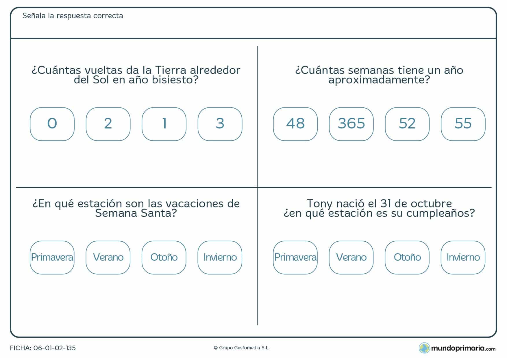Ficha de estaciones de tiempo en la que deberás contestar cuatro preguntas relaccionadas con los espacios de tiempo.