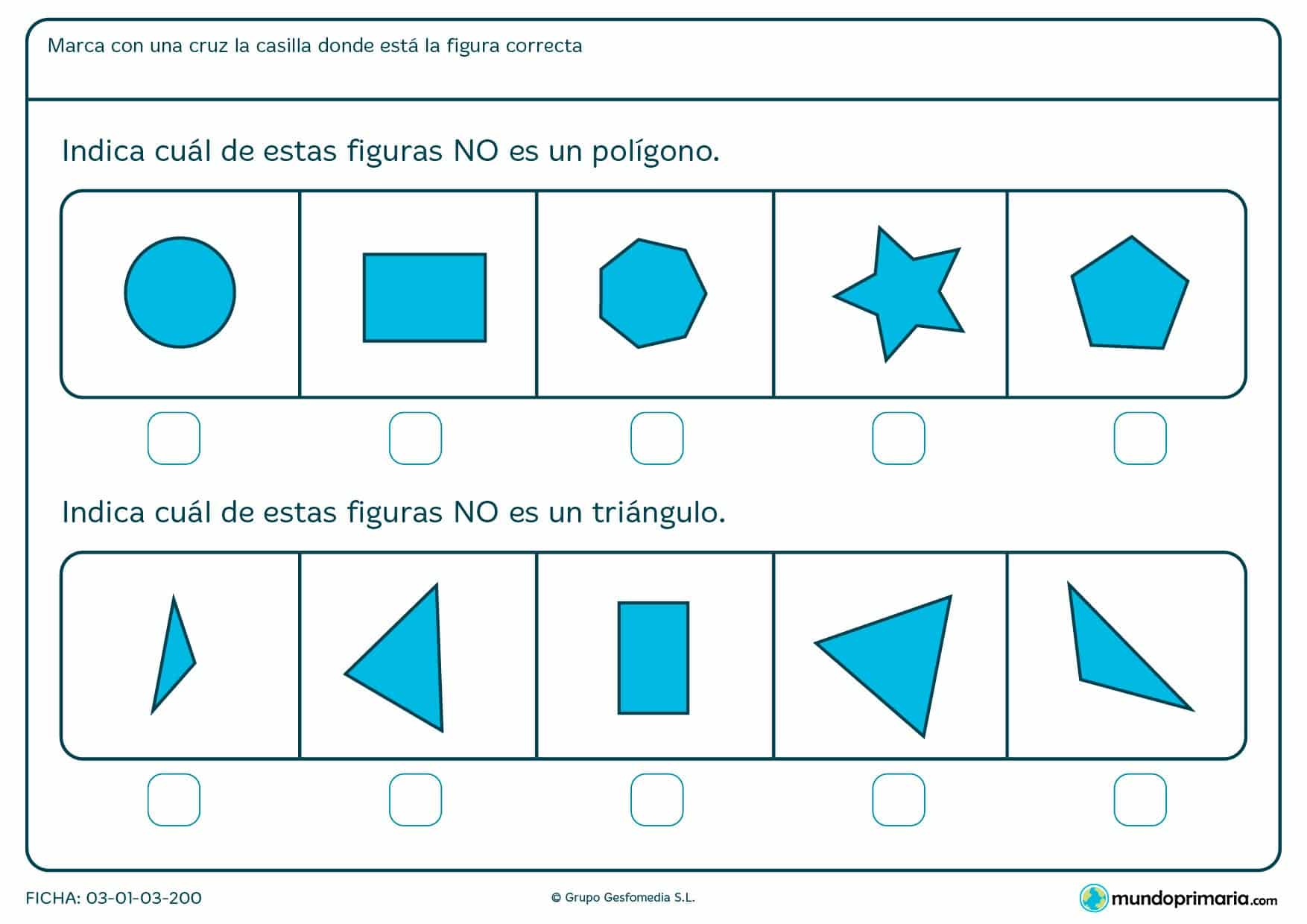 Ficha de excluir poligonos para aopyo escolar de niños de 1º de primaria