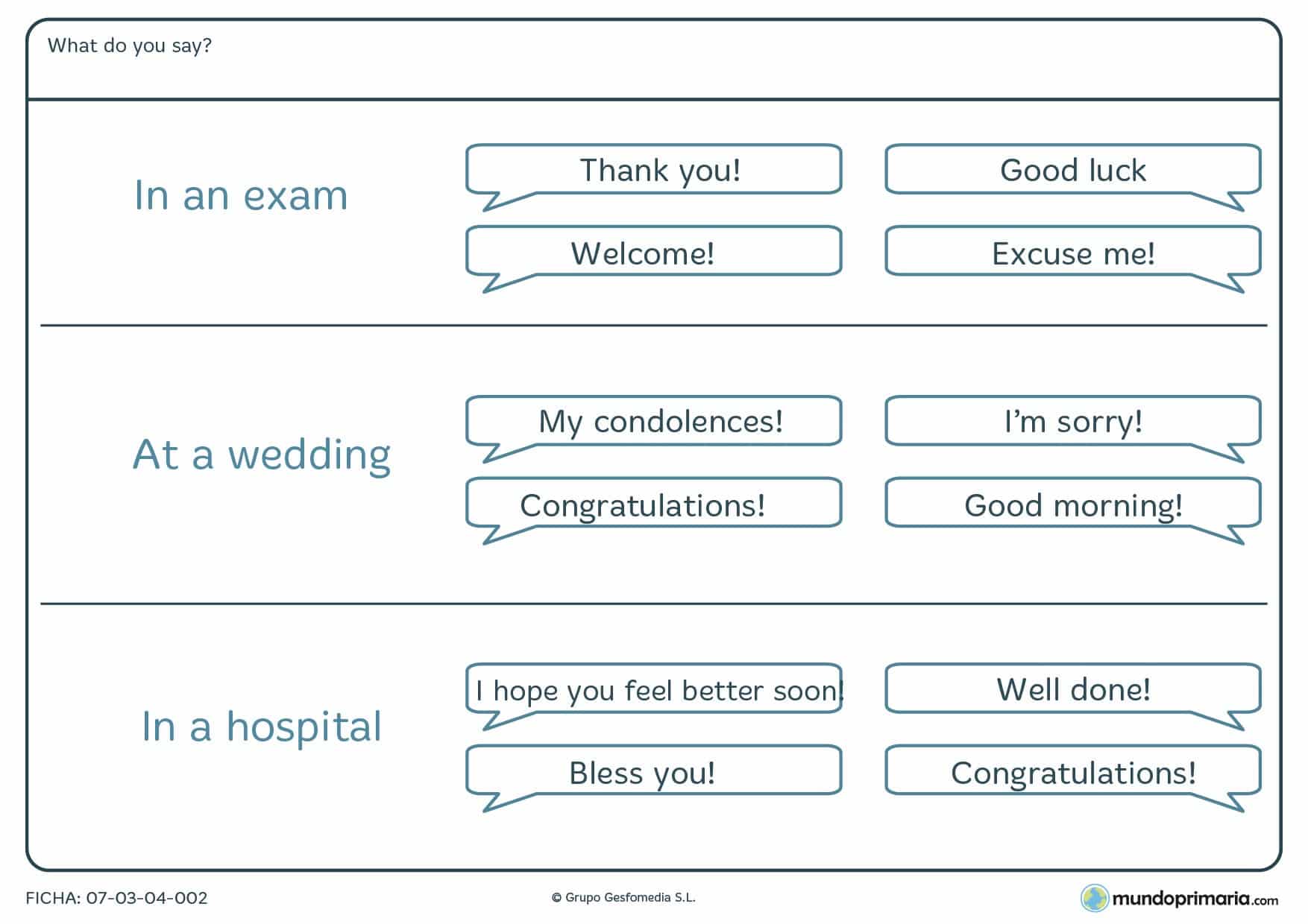 Esta ficha de expresiones en inglés es un ejercicio de vocabulario en inglés para niños de 10 a 11 años